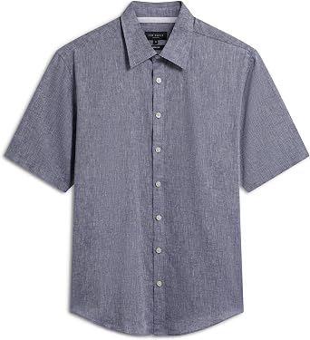 Ted Baker Mens Short Sleeve Linen Blend Button Down Shirt - Regular Fit Casual Dress Shirt