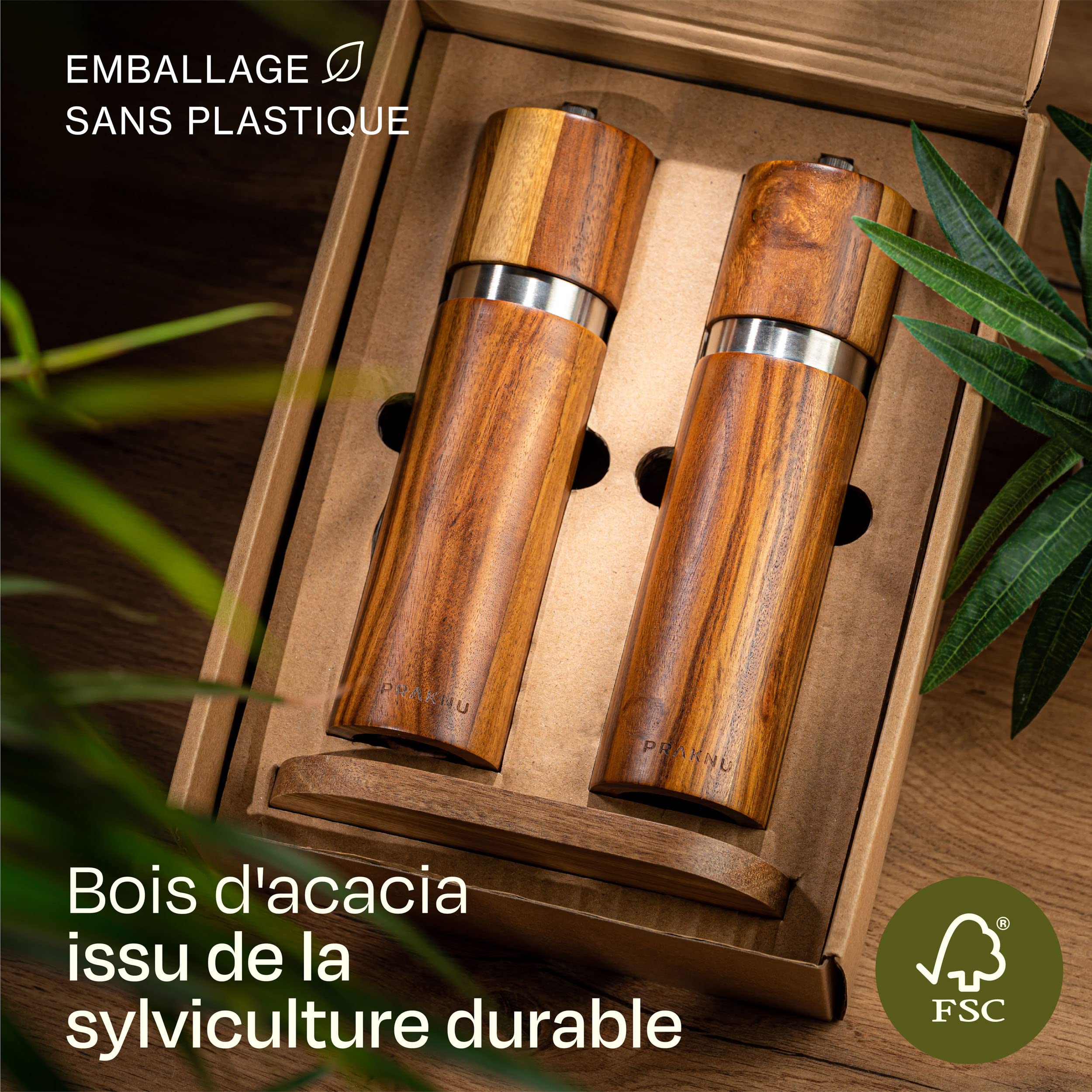 Praknu Moulin à Poivre et à Sel en Bois d'Acacia – Poivrière – Soucoupe | Broyeur en céramique durable, sans plastique, bois certifié FSC, dessous de plat fourni, pour la table du repas