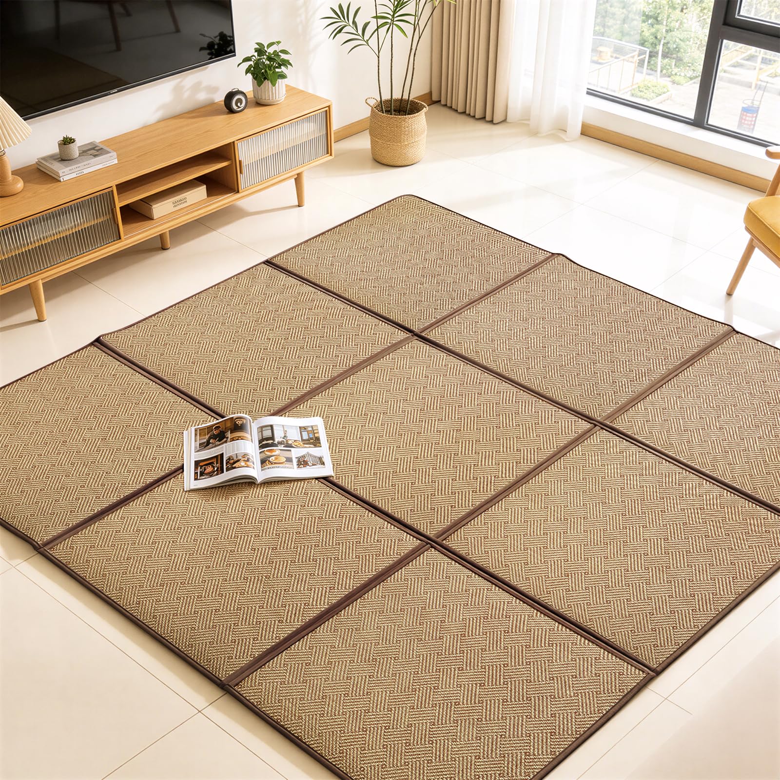 Nisorpa Japanischer Teppich Tatami-Teppich 180x180 cm, 0.47 cm dick, japanische Bodenmatratze, Rattan, rutschfest, atmungsaktiv, Memory-Schaumstoff, Teppich, japanische Tatami-Matte, Braun