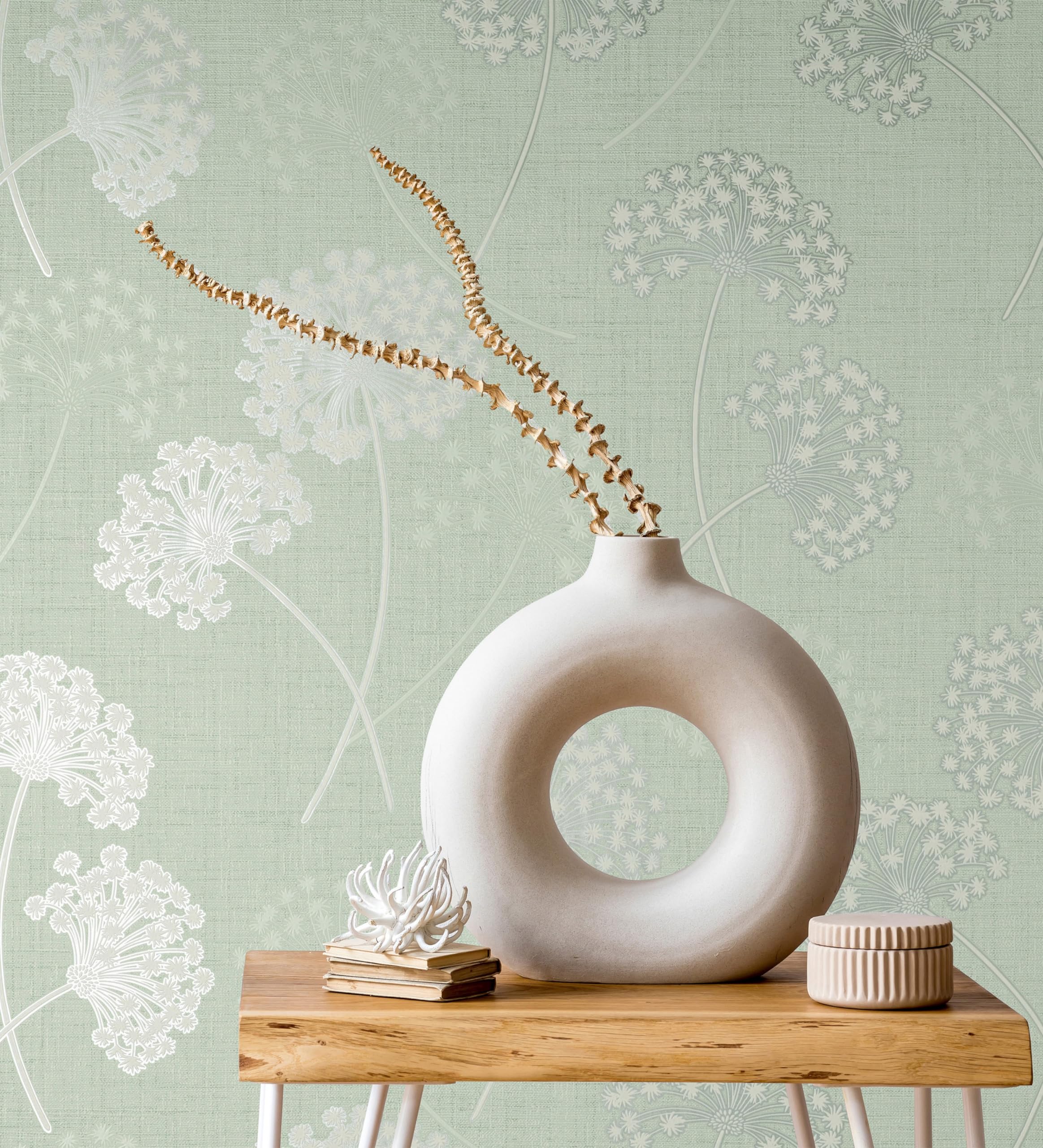 GAULAN 682367 - Papel pintado vinílico de flores diente de león en relieve con estilo nórdico color verde para pared salón cocina dormitorio pasillo - Rollo de 10 m x 0,52 m