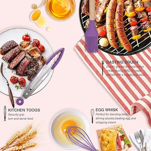 Miniatura 7 de Juego de utensilios de cocina de 12 piezas antiadherentes de silicona con mango de madera, utensilios de cocina de silicona con soporte, aptos para