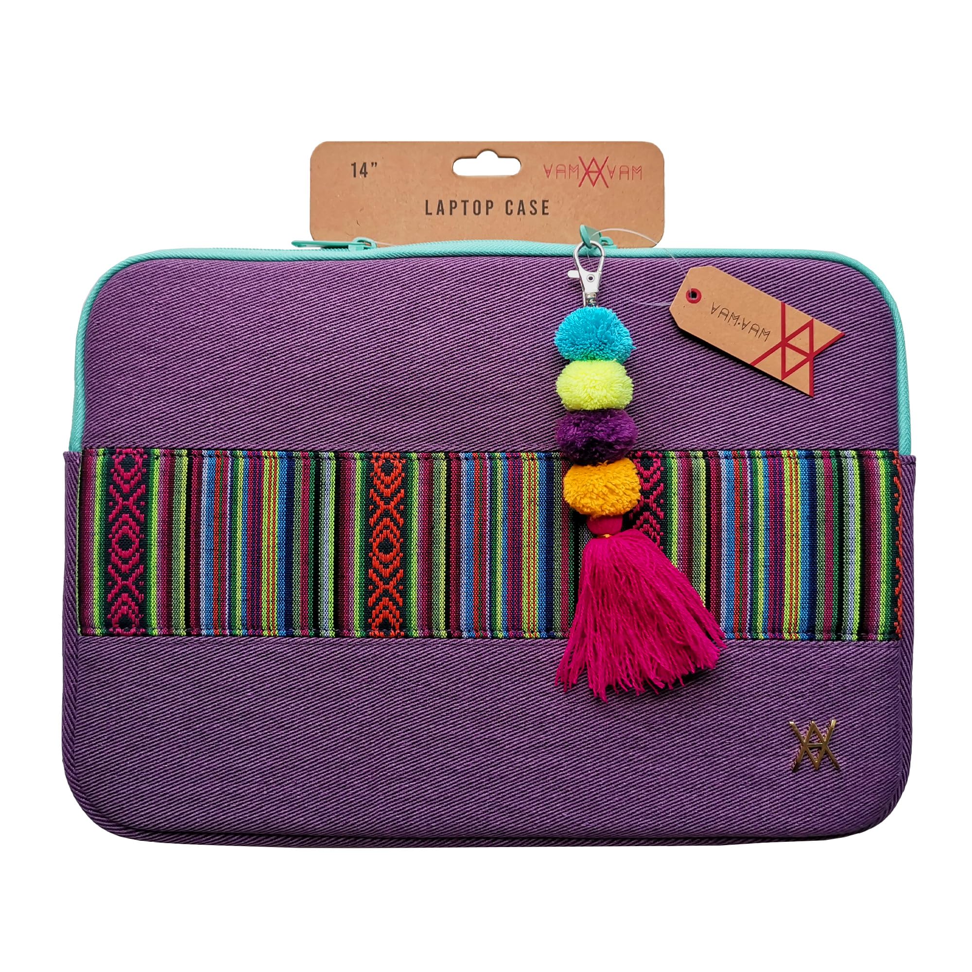 WONDEE Vam Vam Laptop Sleeve 14 Inches Embroidered Fabric Ethnic Style and Original Handle Keychain – Briefcase/Laptop Sleeve up to 14 Inches Compatible with Macbook Air, Padded and Reinforced