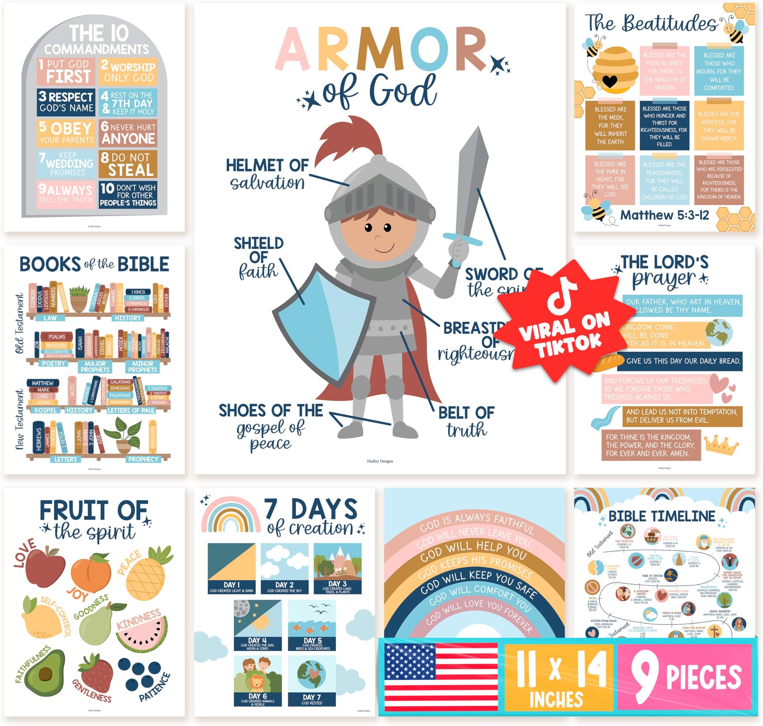 Hadley Designs Sunday School Decorations for Classroom โ 9 Bible Posters for Kids, 11x14in Books of the Bible Poster, 10 Commandments, Fruits of the Spirit & More โ Boho Christian Classroom Decor