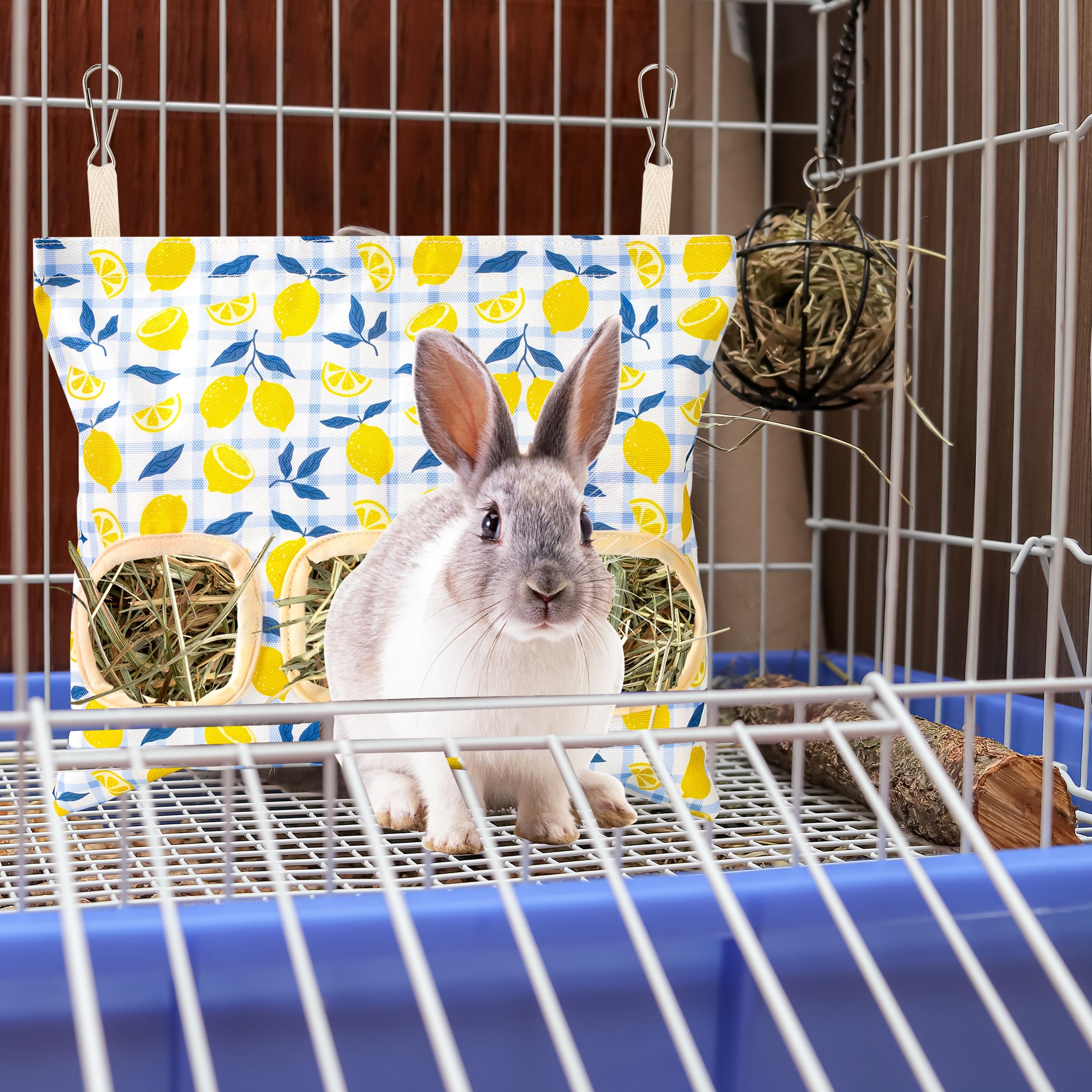 Lesnala 2pcs Bunny hay feeder Rabbit hay feeder bag Hanging guinea pig hay bag Large capacity cotton canvas fabric hay bag for Rabbits Bunny Chinchillas Hamsters and Other Small Pets(3 Holes,2 styles) - image 2