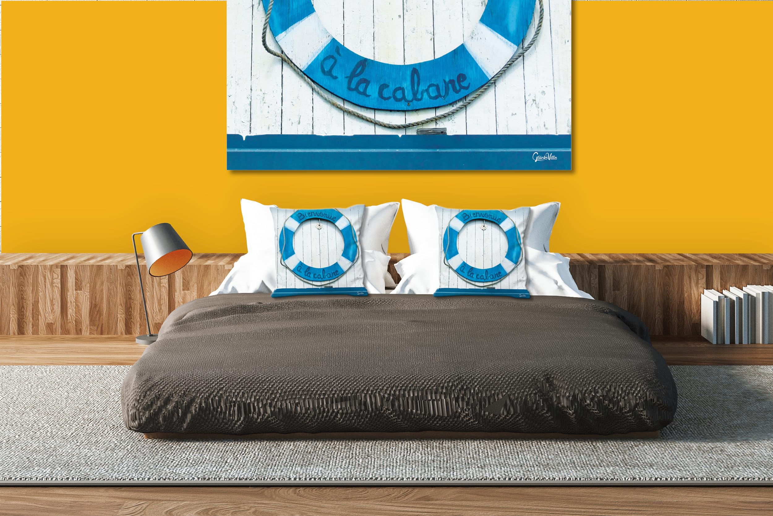 Bienvenue - Foto-Kissen-Hülle Set (2 STK.) 40 x 40 cm | Kissen-Bezüge - passend zu Wandbild - Deko-Kissen - Rettungsring willkommen maritim