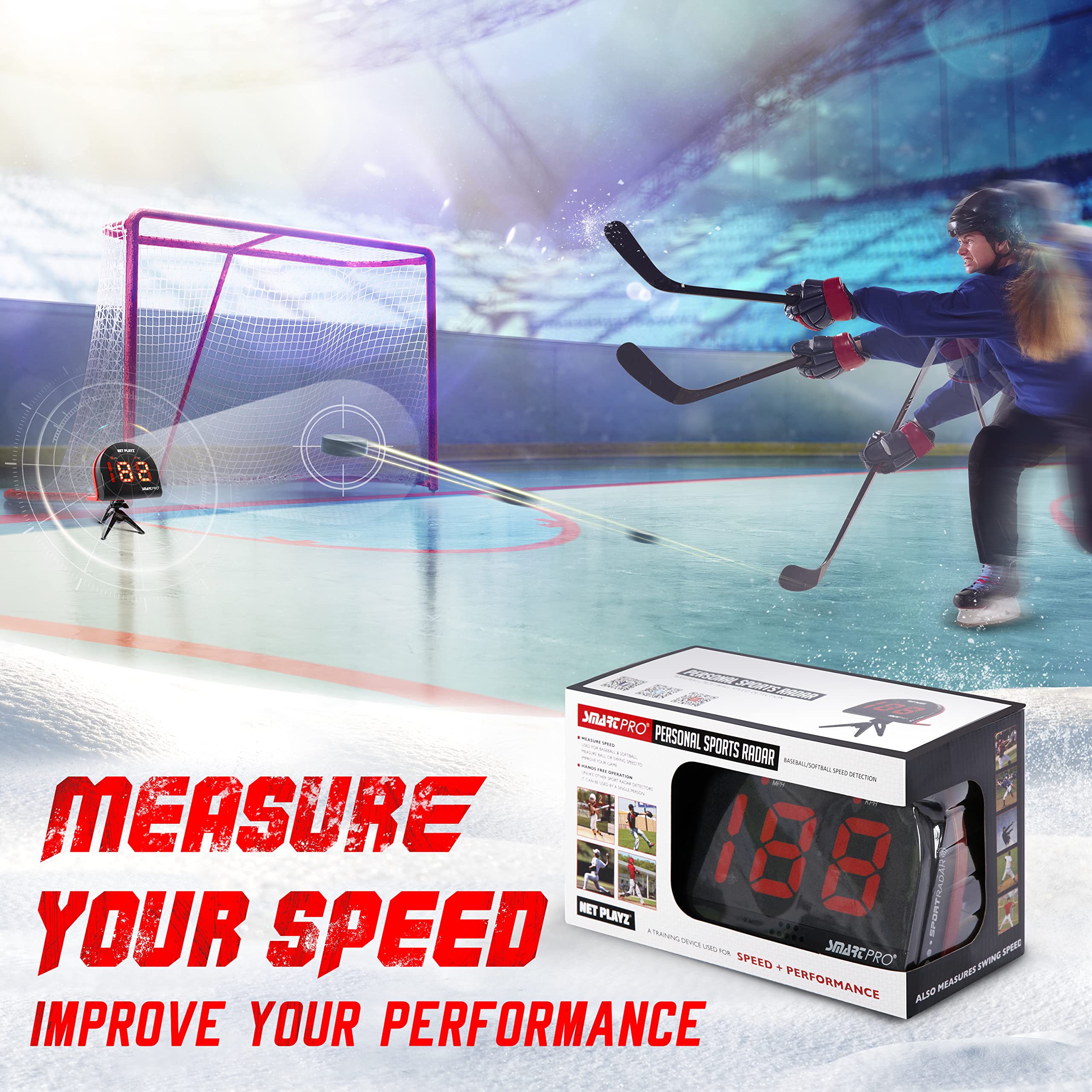 NetPlayz Hockey Gfits Training Equipment & Gear - Radar Speed Guns, Speed Sensor, Hands-Free | Ice Hockey Field Hockey Street Roller Hockey, Black