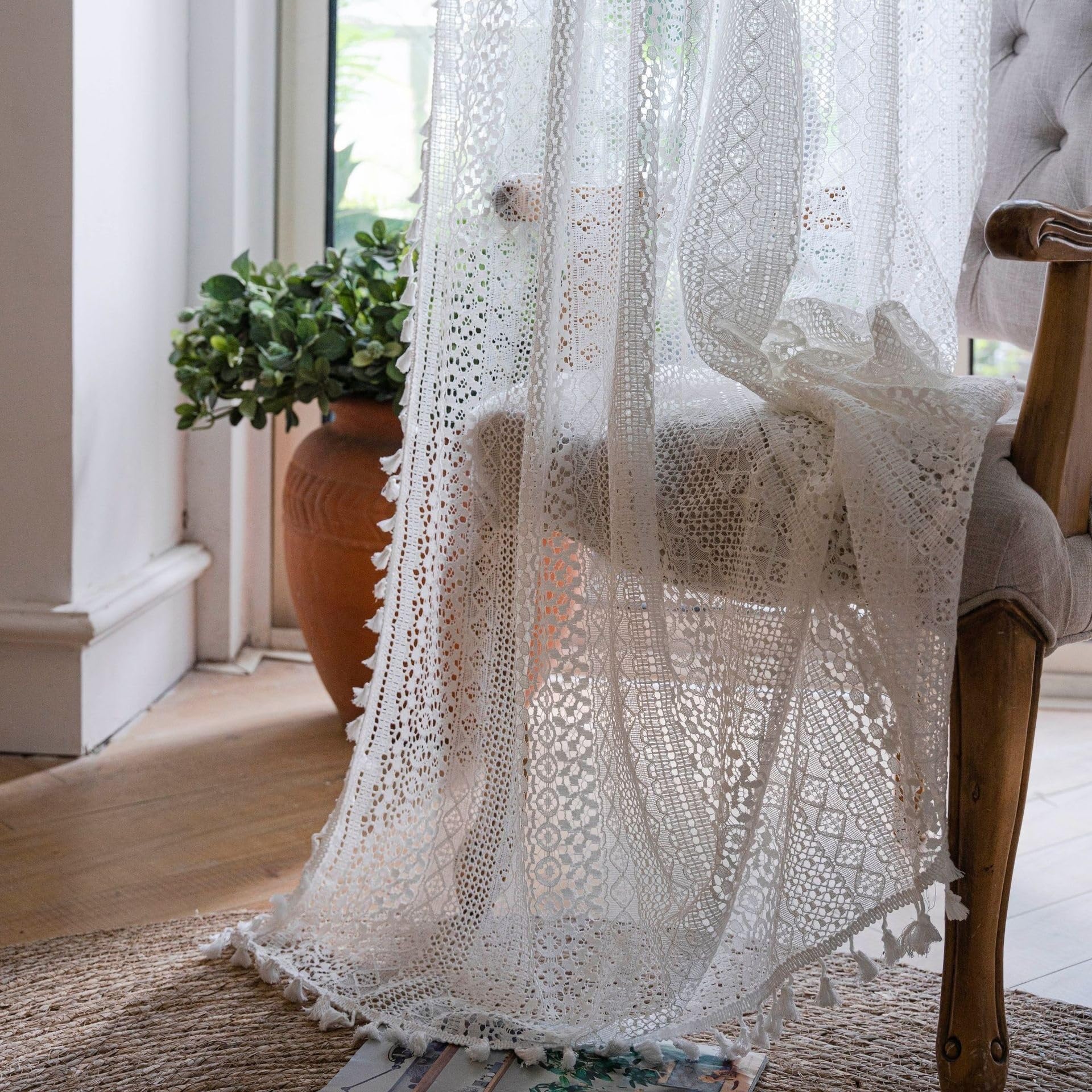 Rideaux à pompons en crochet de coton avec passe-tringle - Motif carré - Style rural - Pour chambre à coucher et salon - 150 x 240 cm