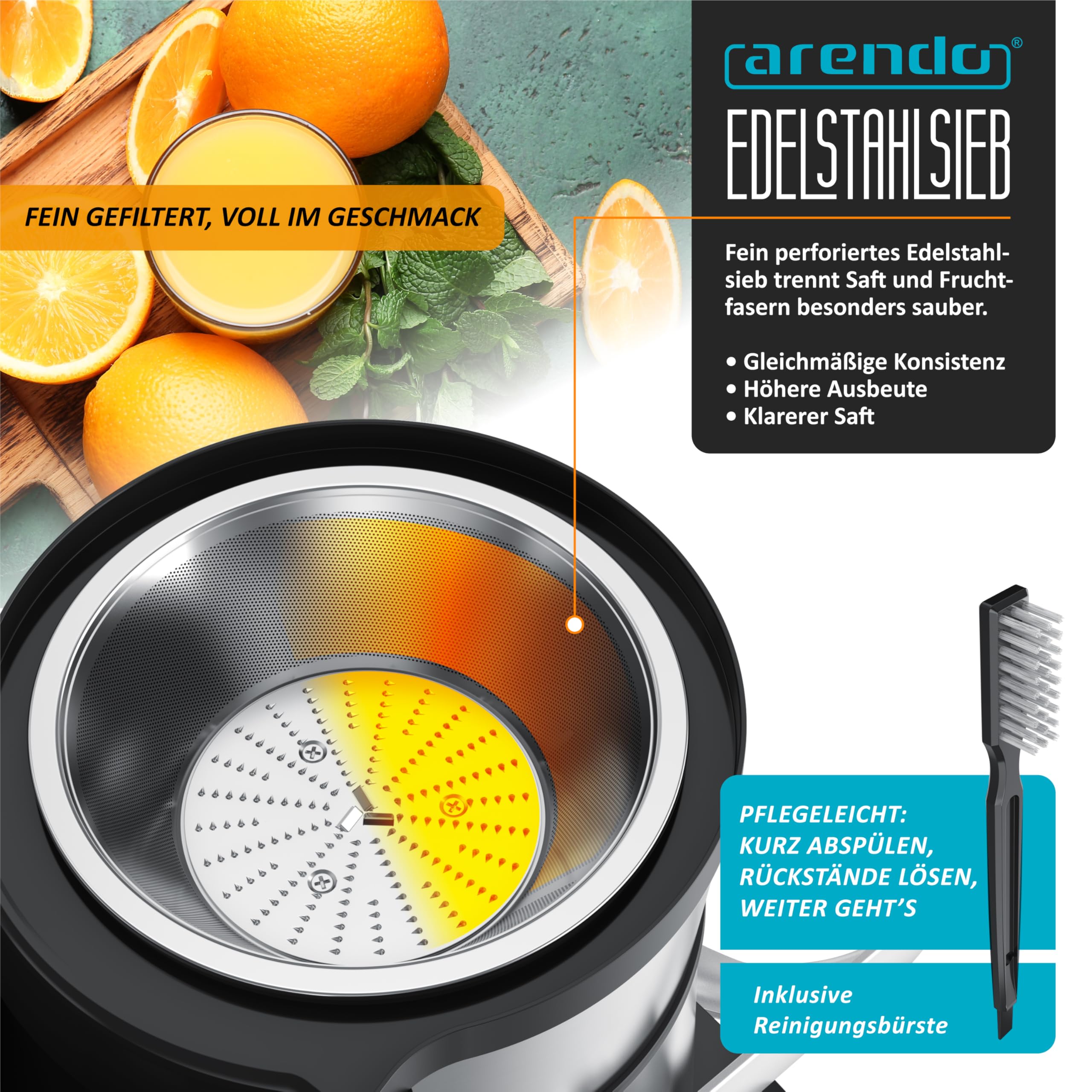 Arendo - Entsafter digital mit Display - 1 Liter – 1000 Watt – XXL Einfüllschacht – LED Display - Farbsymbole – Tropfschutz – Pulsfunktion - für Gemüse und Obst - Sicherheitsverriegelung - inkl. Saftb