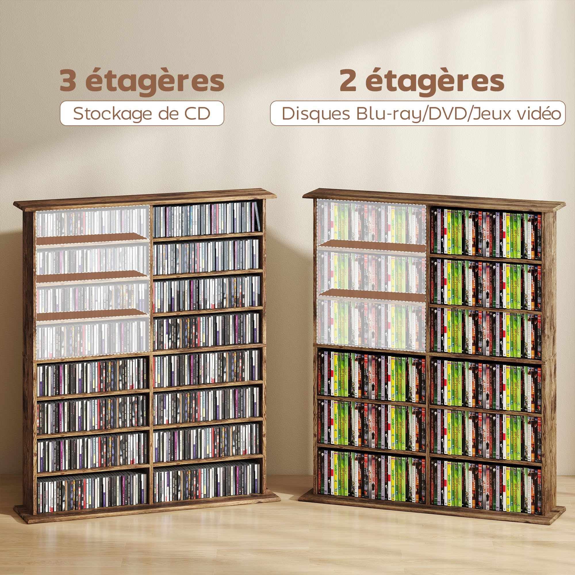 HOMCOM CD- und DVD-Aufbewahrung, Multimedia-Aufbewahrung, max. 720 CD/396 DVDs und Blu-Rays, 16 Fächer und 12 verstellbare Einlegeböden, für Wohnzimmer, Schlafzimmer, 106,5 x 24 x 126,3 cm, Braun