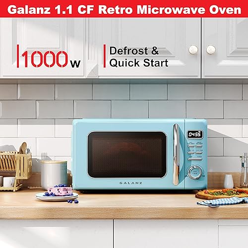 Miniatura 6 de Galanz GLR31TBEER Refrigerador compacto retro mini refrigerador con puertas duales 31 pies cúbicos azul y GLCMKZ11BER10 Retro encimera microondas