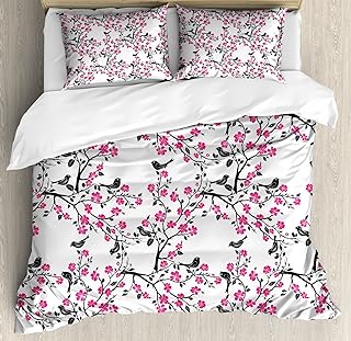 Ambesonne Cherry Blossom Duvet Cover Set, Sakura Tree with Flourishing Flowers and Birds Black Silhouettes, Decorative 3 Piece Bedding Set with 2 Pillow Shams, Queen Size, Pink White