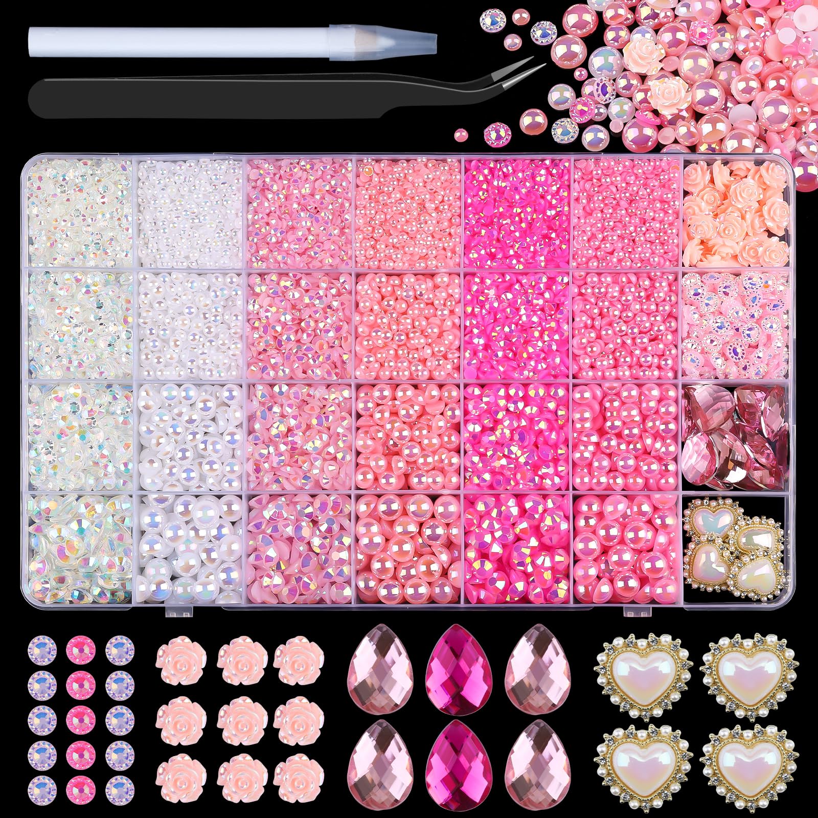 11000PCS Flatback Pearls and Rhinestones for Bedazzling Crafts, 140PCS 3D Flower Charms Big Teardrop Heart Gems for Nail Art, Costume Making, Tumbler