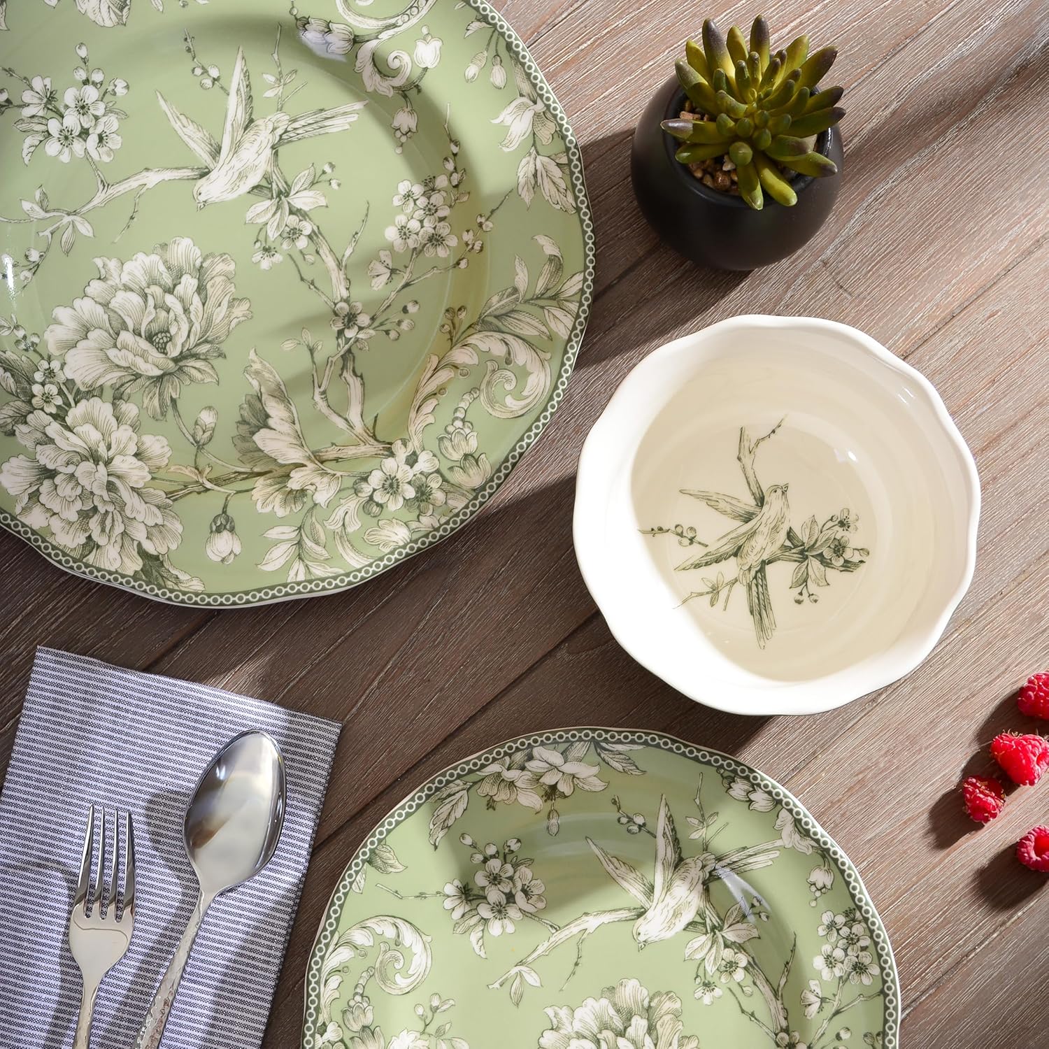 222 Fifth Adelaide Sage 12-Piece Green Porcelain Dinnerware Set – Service for 4, Big Dinner Plates and Bowls Sets, Green with White Floral Pattern, for Daily Entertainment, Microwave & Dishwasher Safe