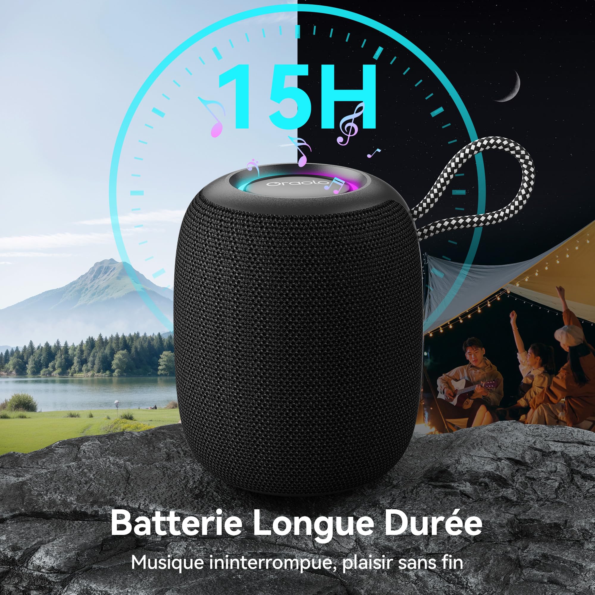 oraolo Mini Enceinte Bluetooth Portable, étanche IPX7, Haut Parleur sans Fil 15W, Bluetooth 5.3 Enceintes Puissant avec Appairage TWS, pour Soirées Plage Randonnées Voyage
