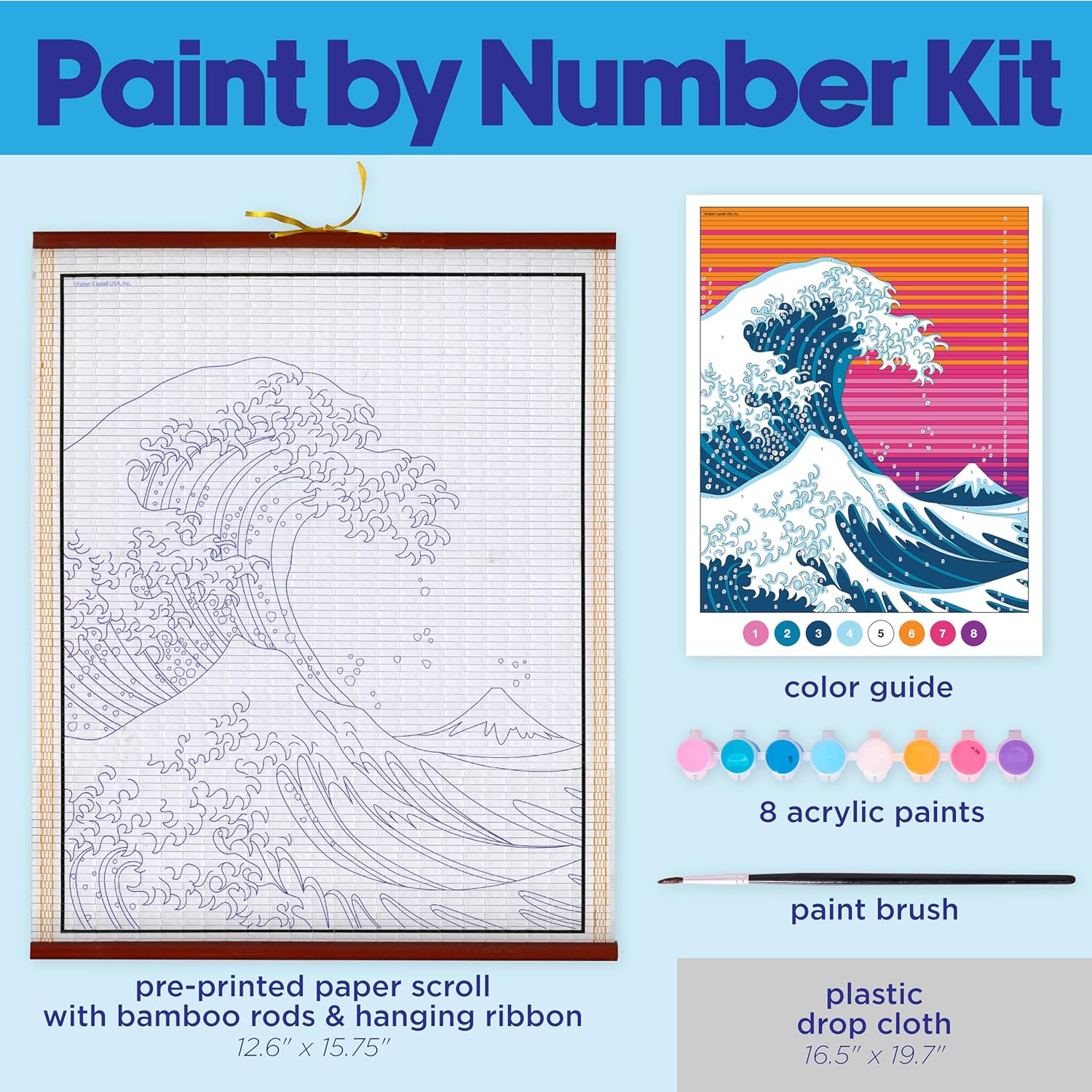 Faber-Castell Paper Scroll Painting Kit: The Great Wave | Hanging Wall Art with Pre-Printed Design, Ready-to-Hang DIY Painting Craft for Kids and Easter Basket Stuffers (1 Scroll, 8 Paints, 1 Brush)