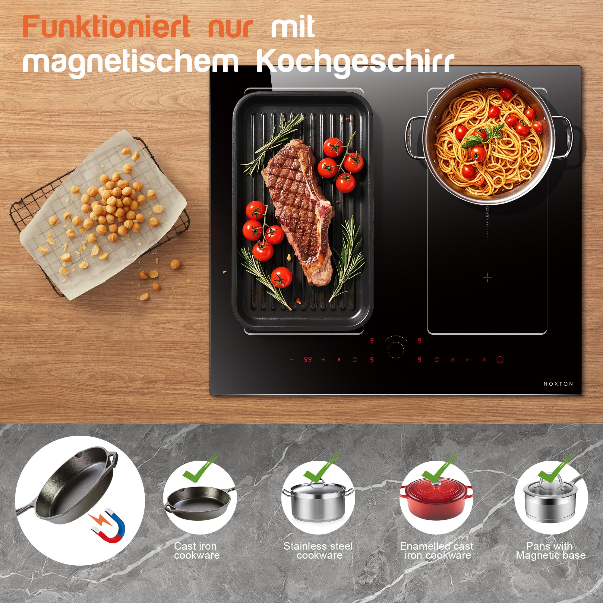 NOXTON Induktionskochfeld 4 Platten mit Doppelte Flexzonen, Induktionsfeld 60 cm Einbau mit Booster, Touch-Steuerung, Timer, Kindersicherung, Pause, 7200W, 220V-240V, Keine Stecker | Doppelte Flexzonen, Booster, Touch-Steuerung, Timer, Kindersicherung, Pa