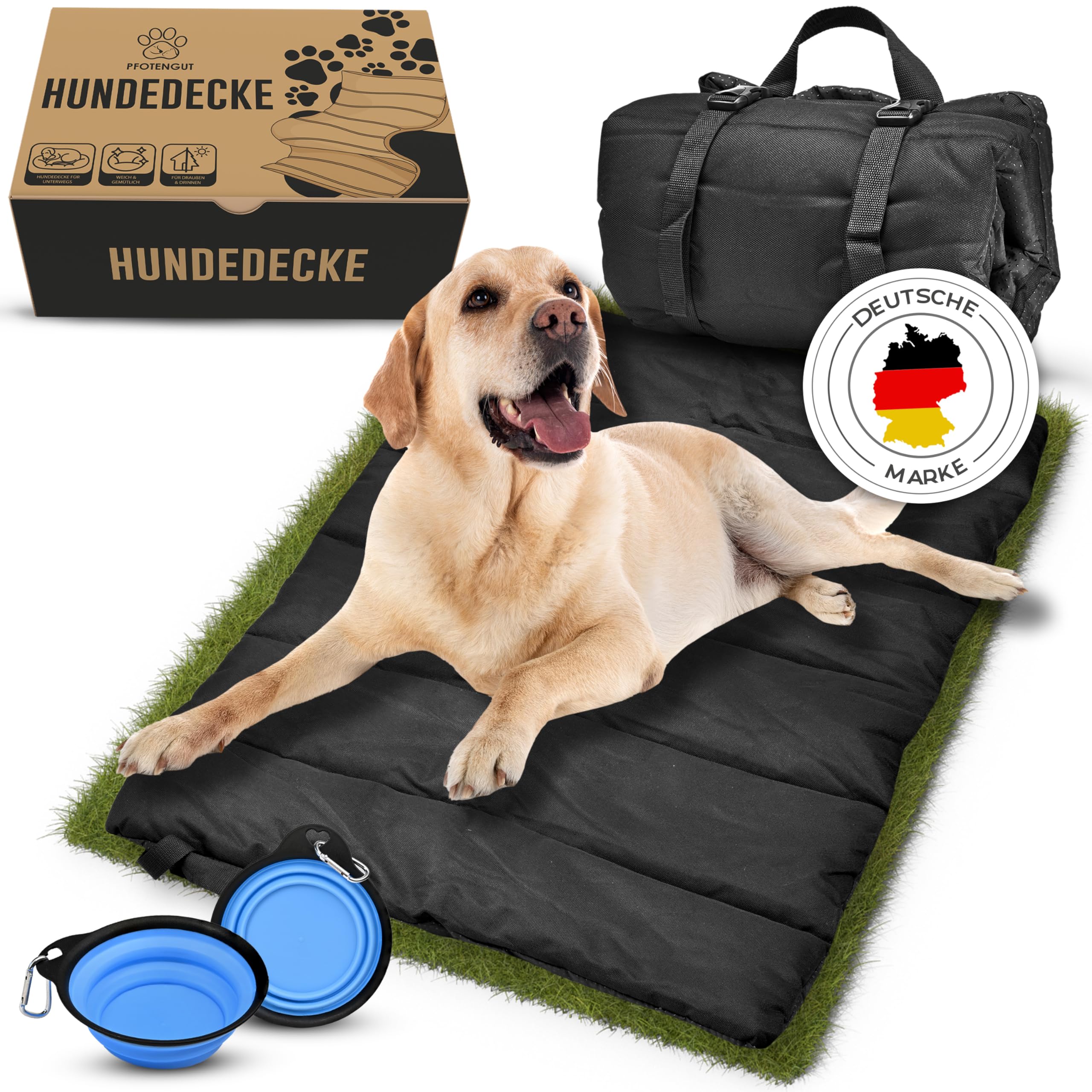 Couverture pour chien pour les déplacements [imperméable et antidérapant] – Tapis doux pour chien d'extérieur [110 x 70 cm] à emporter avec gamelle d'eau pliable avec mousqueton, HD11070