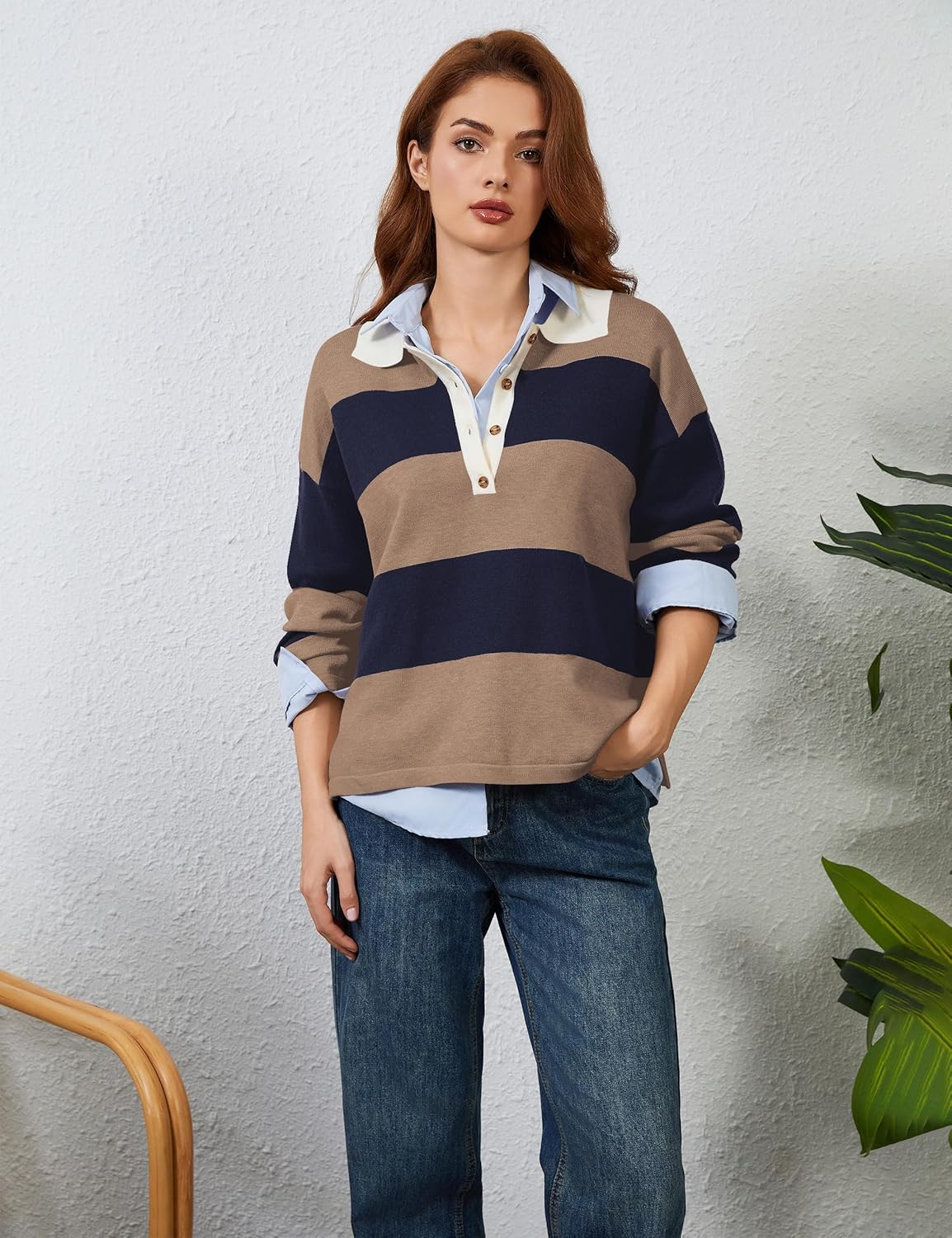 Womens Striped Sweater Shirts Lapel Polo V Neck Long Sleeve Strip Knit Pullover Casual Layer Top Jumper Y2K Shirt - Image 3