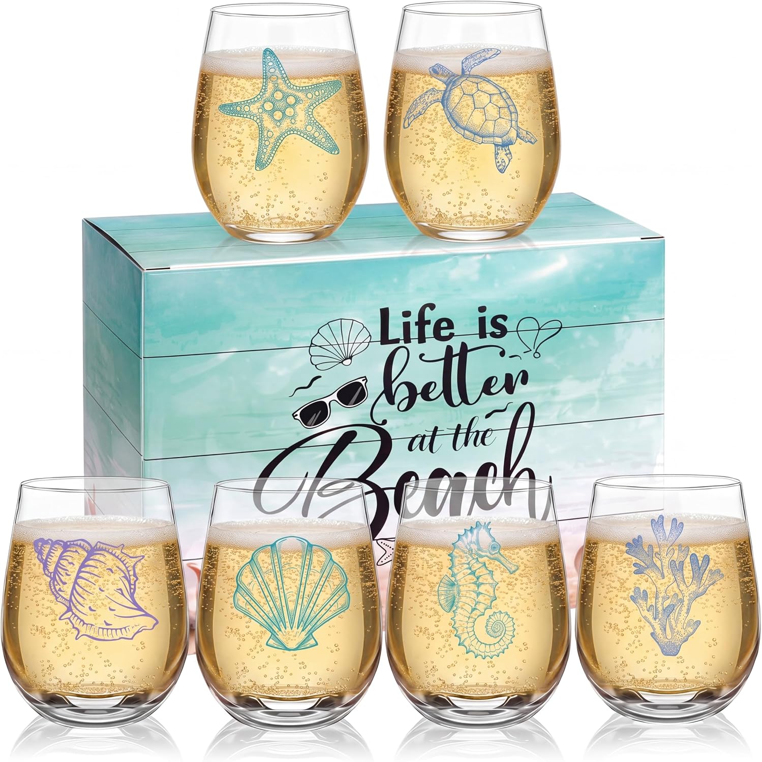Remerry 7 Pcs Ocean Themed Stemless Wine Glasses with Gift Box Assortment Wine Glasses for Summer Party Favors Coastal Lovers Gifts Bulk for Women Men Birthday Mothers Day(Beach)
