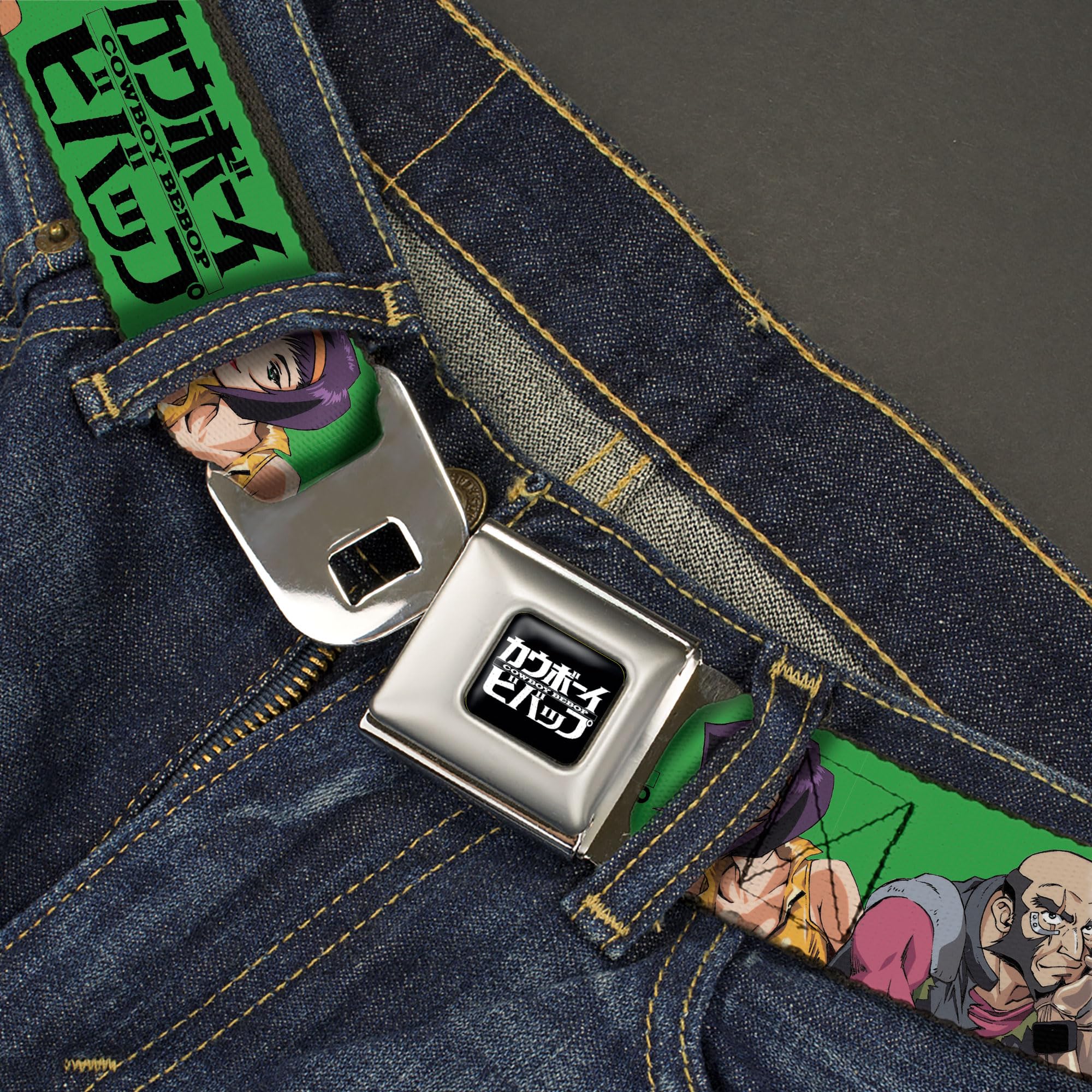 Cowboy Bebop Belt, Seatbelt Buckle Belt, Cowboy Bebop Crew Group Pose and Title Logo Green Black, 24 to 38 Inches