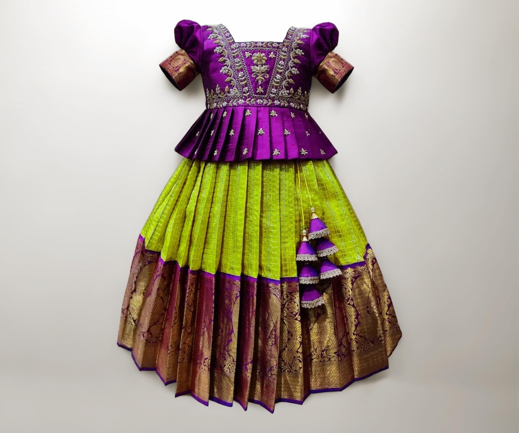 White Button Girls South Indian Pattu Pavadai | Traditional Jacquard Silk Lehenga Choli Set