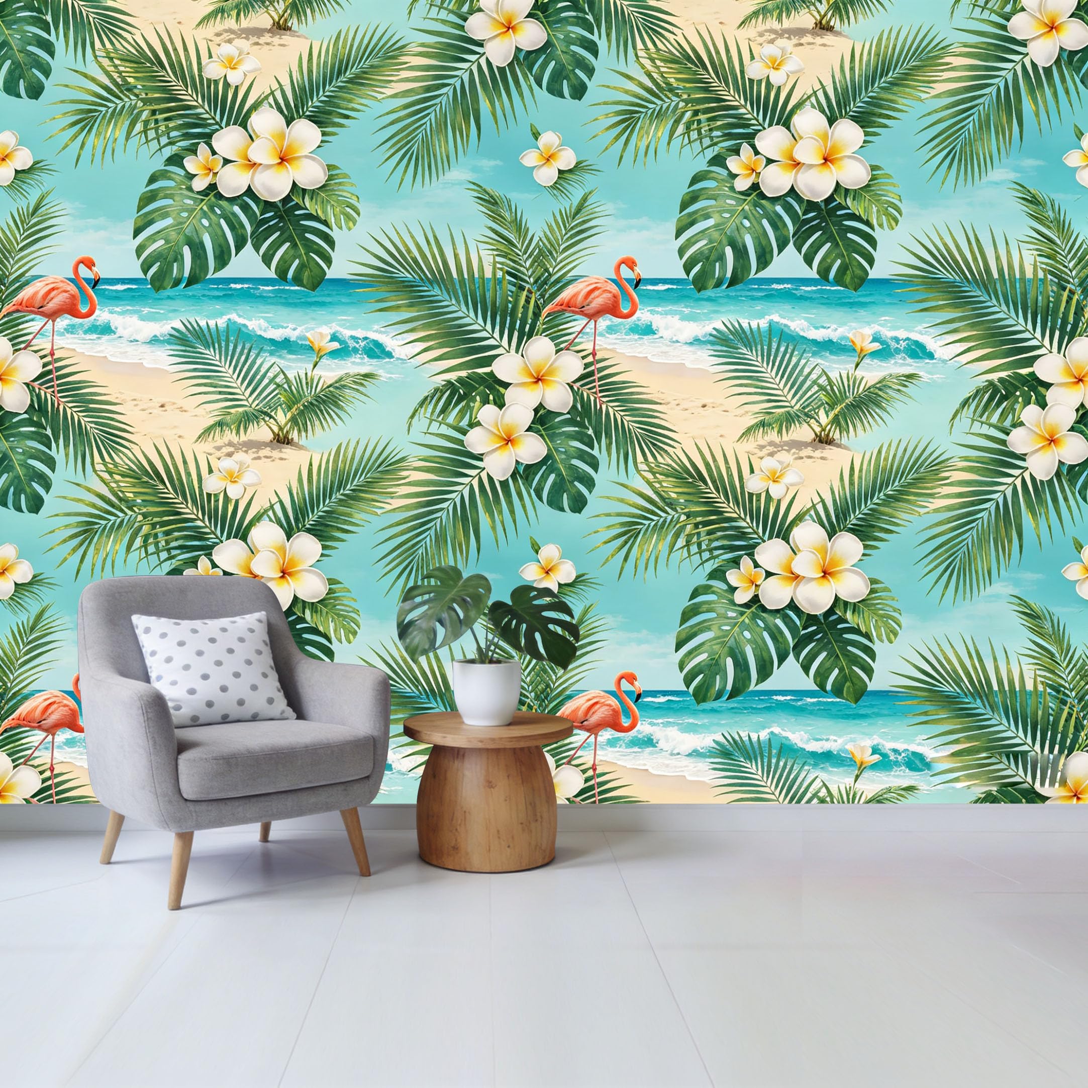 Qzlithotic Yq2605250085 Custom Size Wall Mural Tropical Flamingo Beach Plumeria Flower Botanical Coastal Print Selfadhesive Wall Fabric Removable Wallpaper For Home Office Decor