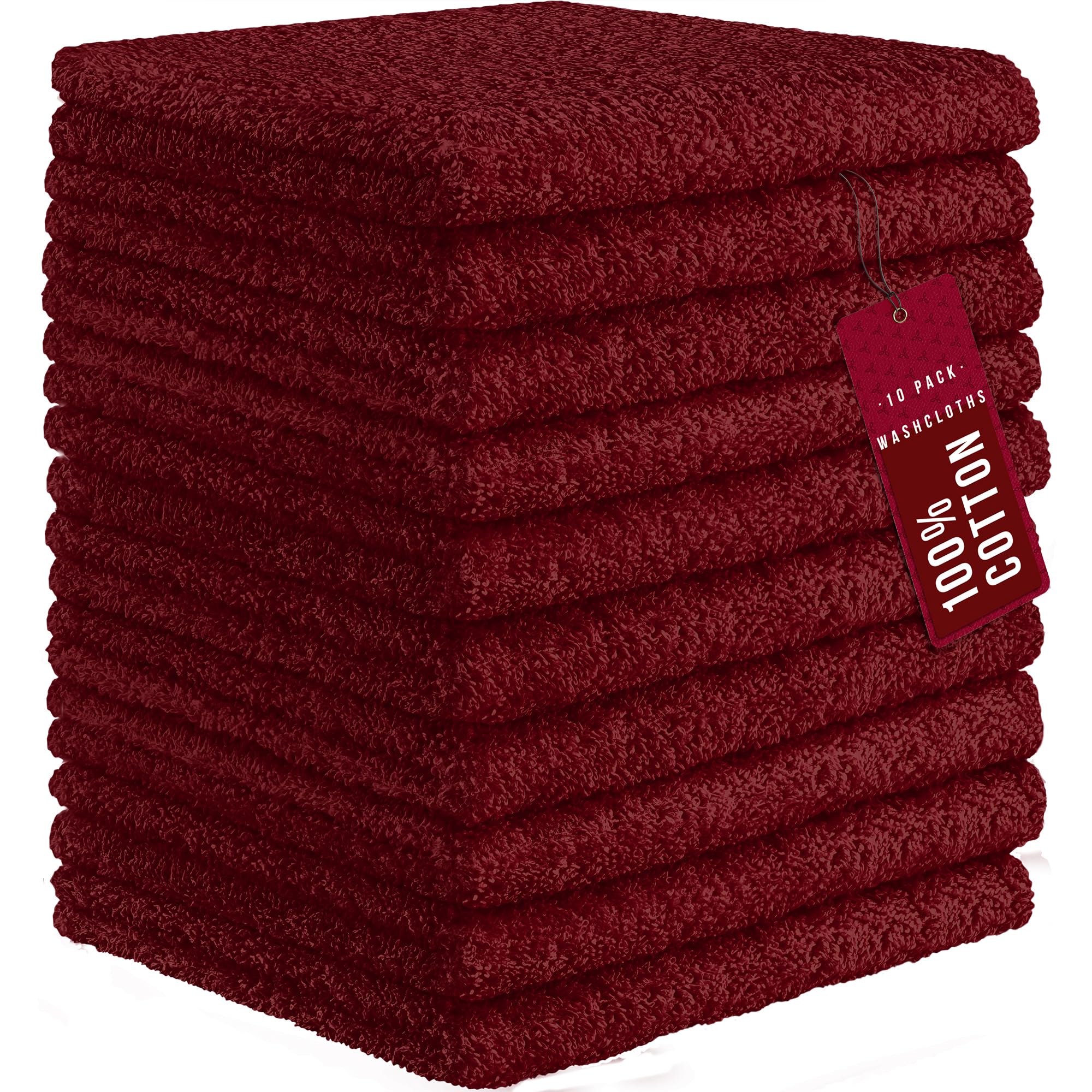 DecorRack 10 Pack 100% Cotton Wash Cloth, Luxurious Soft, 12 x 12 inch Ultra Absorbent, Machine Washable Washcloths, Red (10 Pack)