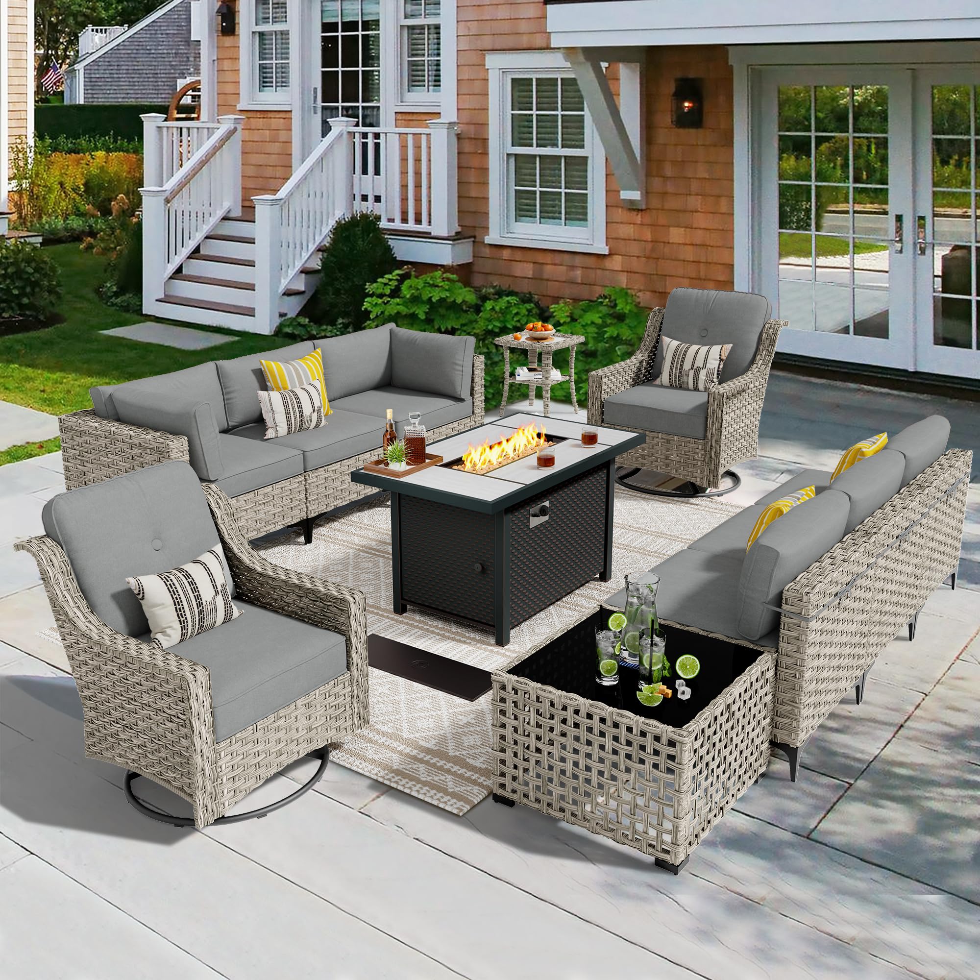 CAODOC 11 Pieces Outdoor Patio Furniture Set, Rattan Wicker Sectional Swivel Rocker Chairs Sets with Fire Pit, Swivel Glider Chairs, and Solar Powered