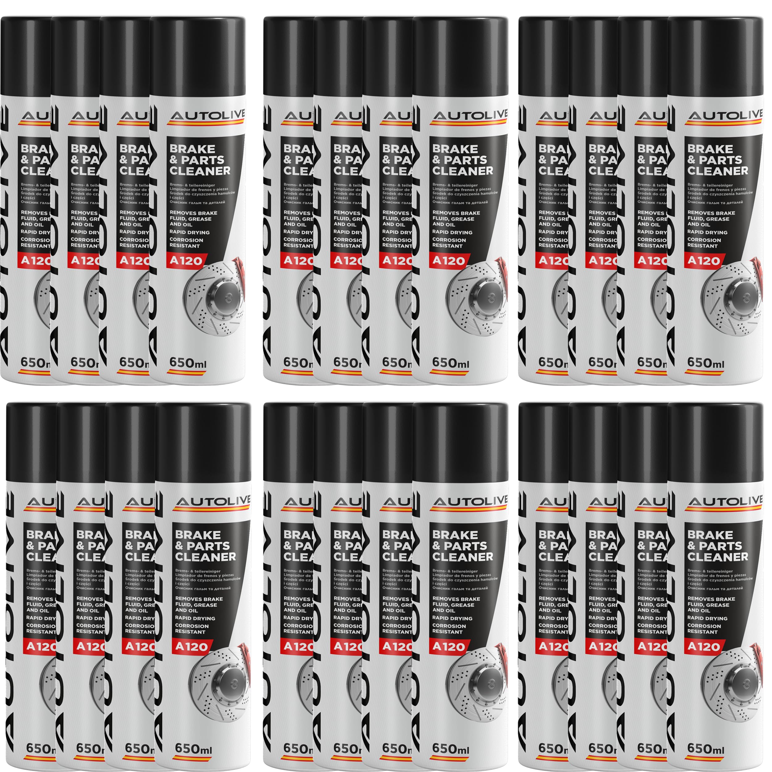 Limpiador de Frenos y Embrague Pack de 24 - Brake & Parts Cleaner - Ayuda a Eliminar Aceites, Grasas, Alquitrán, Resina y Pegamento - No Daña Articulaciones ni Juntas 650 ml