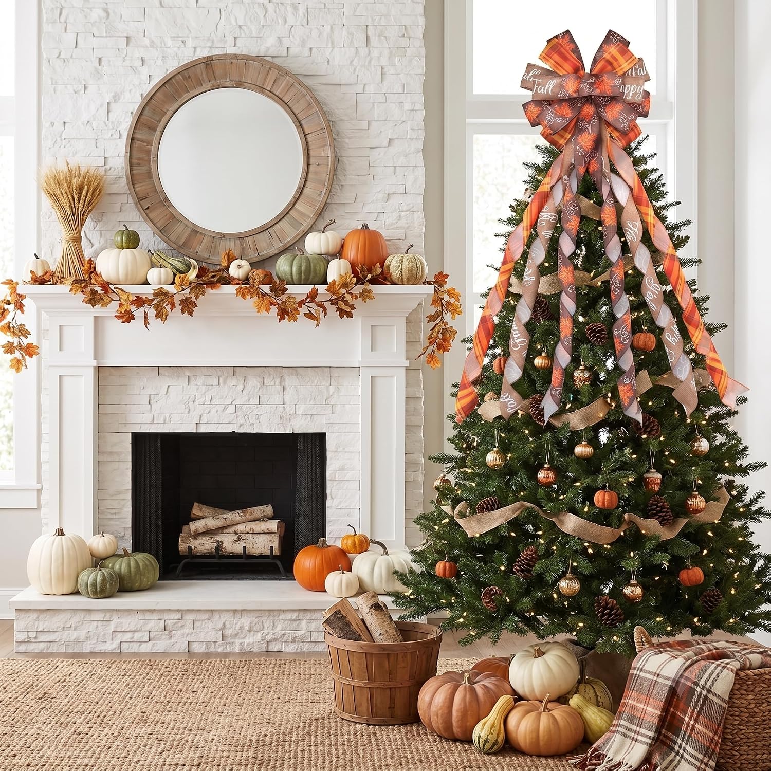 Large Fall Tree Topper Bow 52"x13", Pre-Tied Thanksgiving Ribbon for Wreath | Autumn Decorative Ornaments with Long Wired Edge Streamer for Outdoor Front Door Holiday Indoor Harvest Decorations