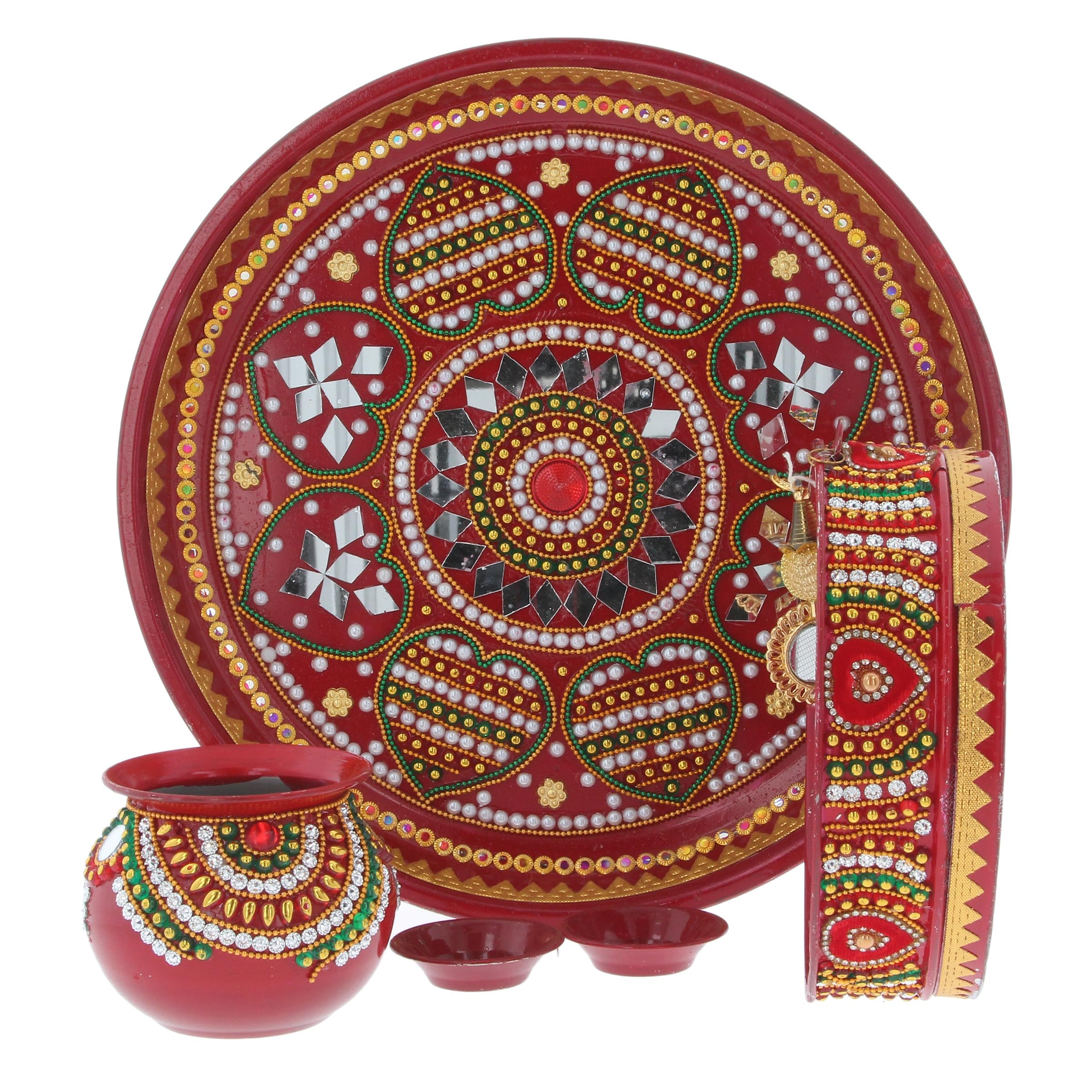 Indiabazaar Women's Full Set - Design 1 Karwa Chauth Set Karva Chauth Thali Indian Pooja Puja Kalash Lota Chalni Channi Diya Karwachauth Diwali Traditional Combo Multicolour Decorative Husband Wife Festival Gift (Full Set - Design 1)