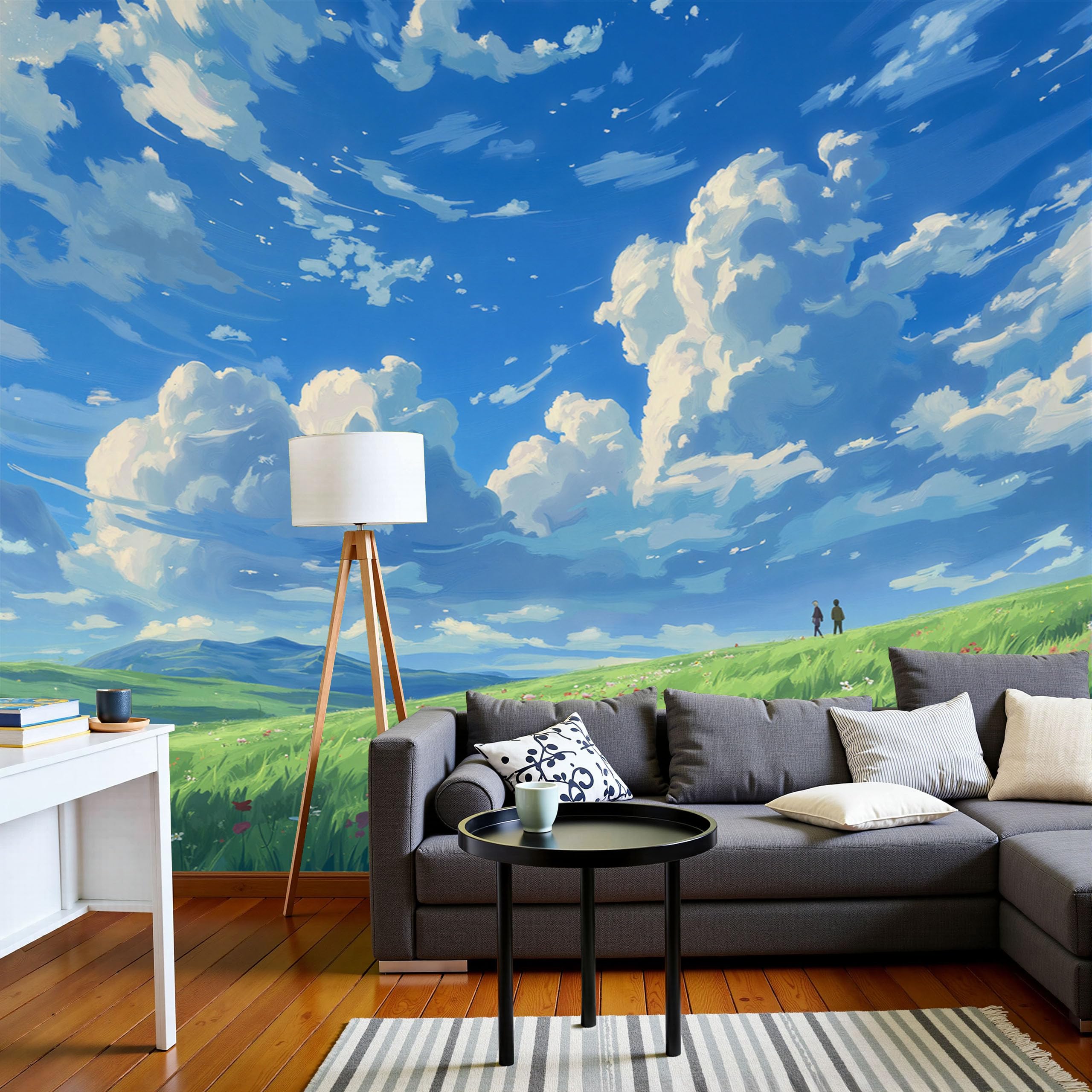 Papier peint panoramique bleu ciel pour illuminer un salon sombre