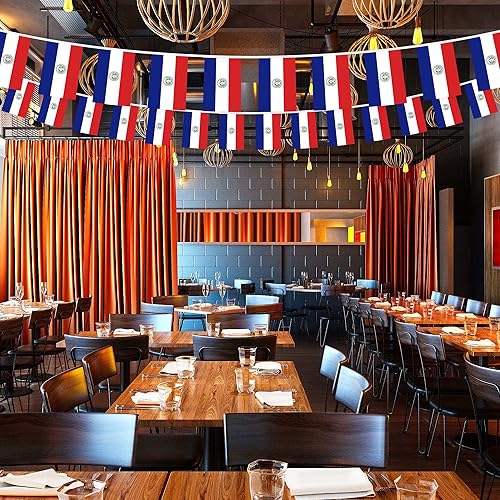 Miniatura 5 de G128 Banderín paraguayo paraguayo  Bandera de 8.2 x 5.5 pulgadas, cuerda completa de 33 pies  Poliéster 150D impreso, decoraciones para bar,