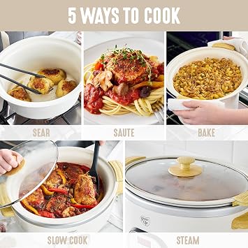 GreenLife 3.5QT Ceramic Nonstick Slow Cooker, Cooktop/Oven Safe, Cream