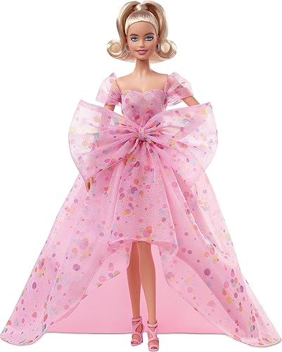 Barbie Muñeca Signature Birthday Wishes (11.5 pulgadas rubia) con vestido y zapatos de tul rosa, con embalaje personalizable, regalo para niños de 6