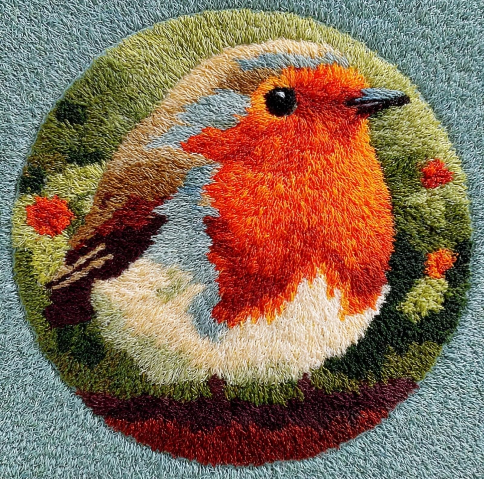 Wallustrioaw 004 Diy Carpet Latch Hook Kits,Robins And Flowers,Latch Hook Rug Kits For Adults Beginners Diy Needlework Crocheting Rug Home Decor,50X50cm