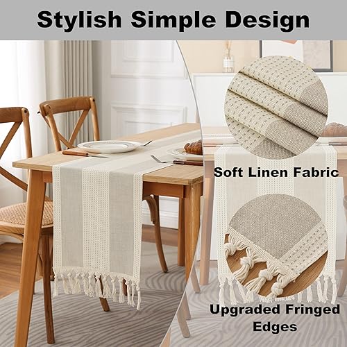 Miniatura 3 de Gernaice Camino de mesa de arpillera con borlas de 36 pulgadas de largo, estilo bohemio, a rayas anchas, de lino, camino de mesa, accesorios de mesa