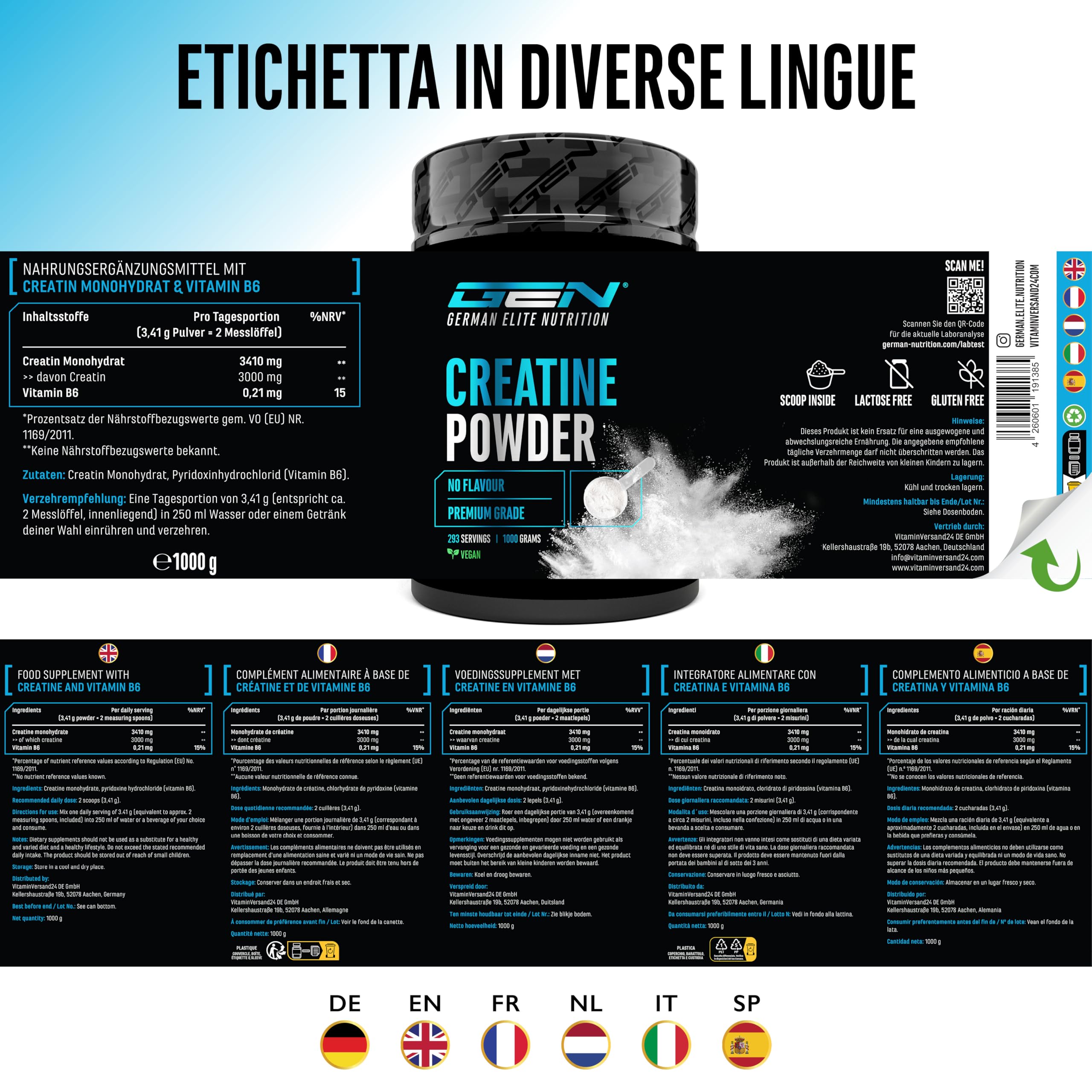 Creatina in polvere - 1kg / 1000 g - Creatina monoidrato in polvere - Solubilità ottimale e microfine - Vegan - 293 applicazioni - Qualità testata