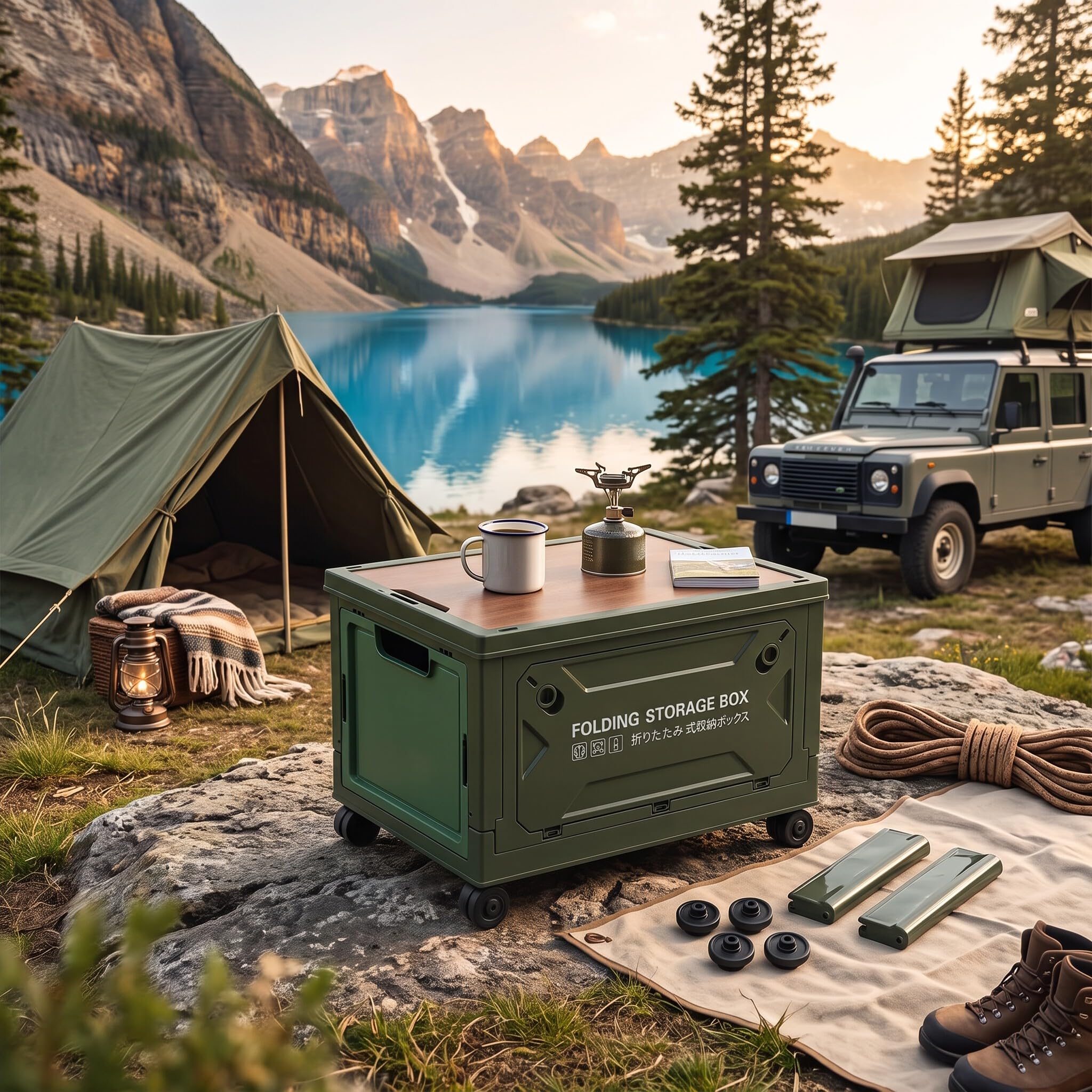 Caja de Almacenamiento con Tapa 50L, Caja de Camping para Maletero de Coche, Organiza Caja Plegable de Coche con 5 Ruedas, Accesorios de Camping para Viajes Al Aire Libre,