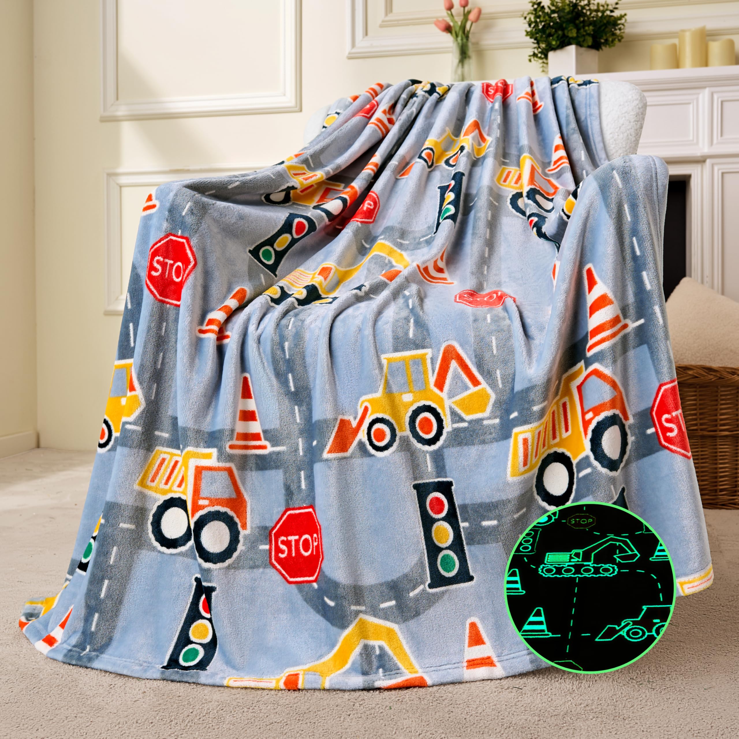 Joiedomi Glow in The Dark Blanket - Construction Gifts for Girls Boys Age 2 3 4 5 6 7 8 9 10 11 12 Year Old - Soft Cozy Flannel Kids Throw Blanket - Birthday Bedroom Decor 50"60"