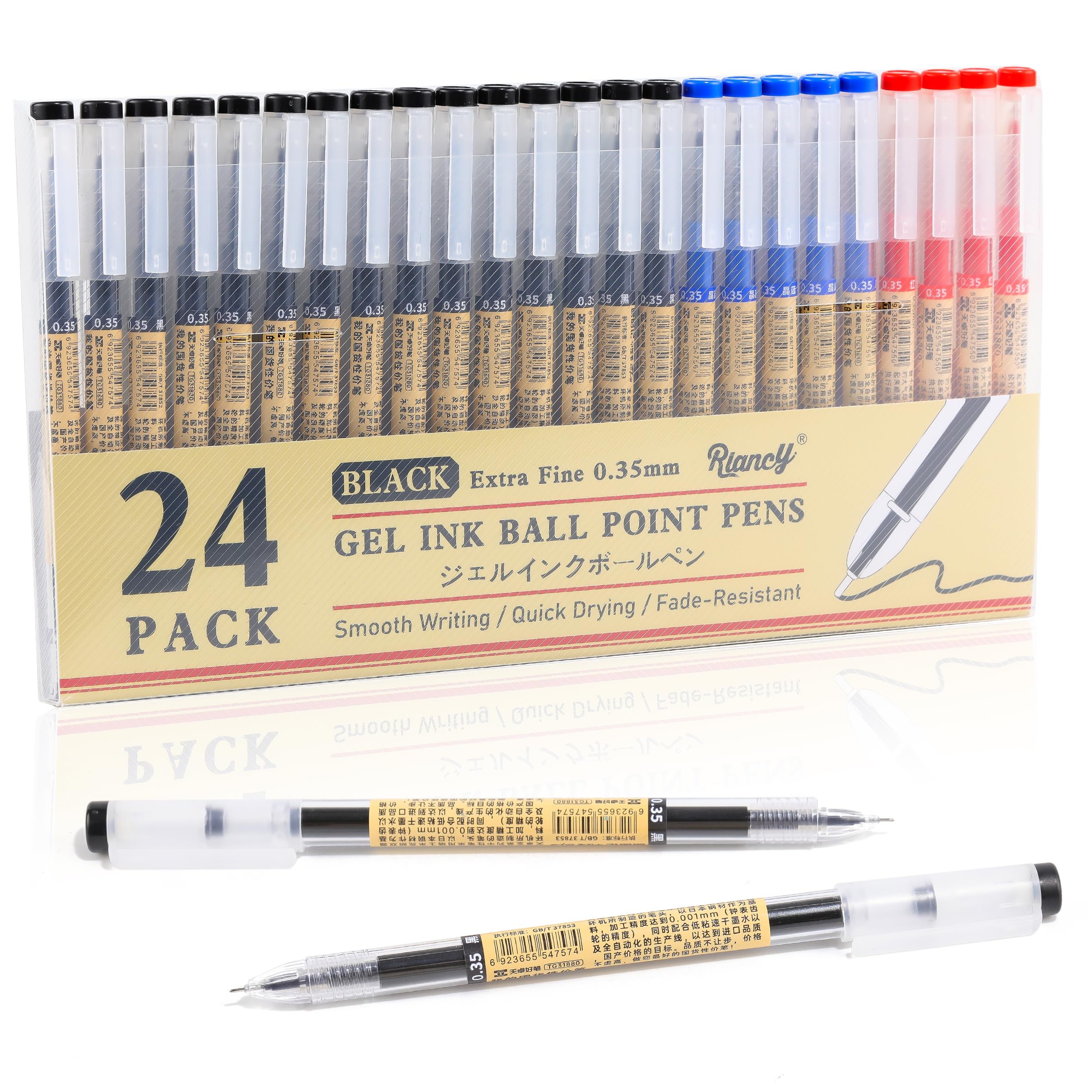 RIANCY Black Blue Red Gel Ink Pens, 0.35mm Extra Fine Point Smooth Writing Rollerball Pens, Japanese Style No Smudge Ballpoint Pen, Quick Drying for