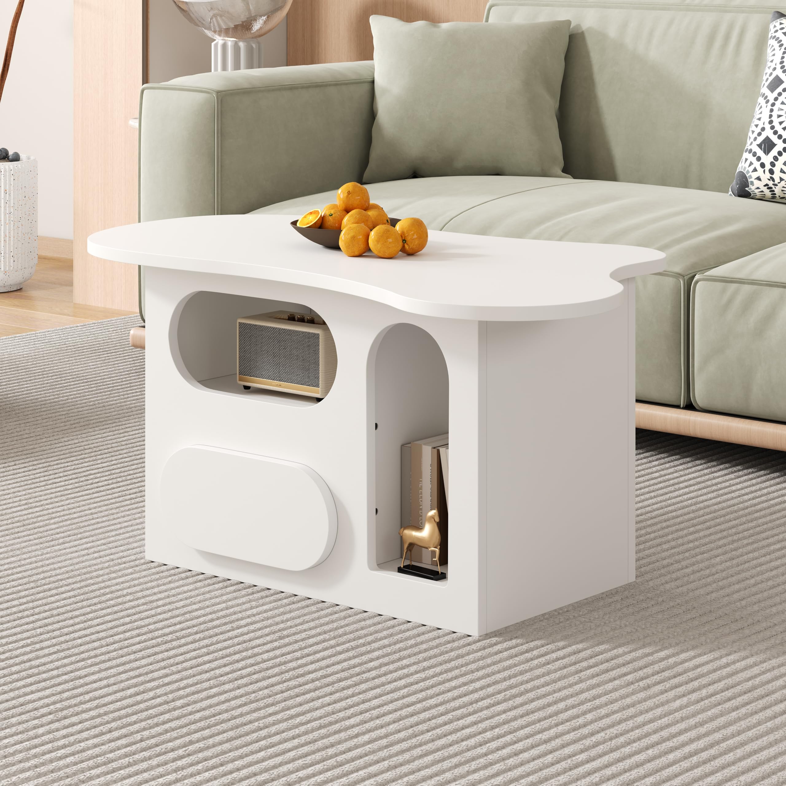 Couchtisch Weiß, Couchtisch mit Schublade, Wolkenförmiger Wohnzimmertisch mit Offenen Ablagefächern, 97x45x43.5cm