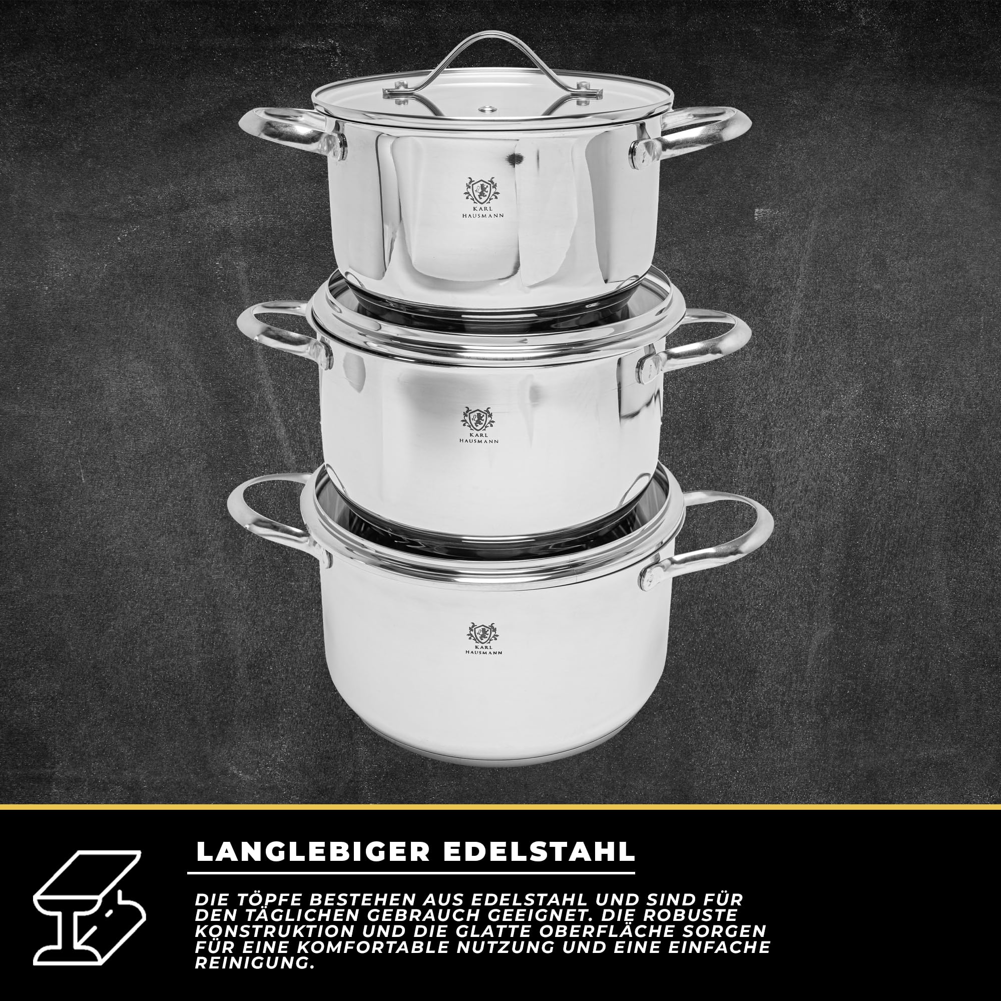 KARL HAUSMANN Topfset Induktion aus Edelstahl, 6-teilig | Töpfe Set 2,6 / 3,6 / 4,7 L, Ø 18 / 20 / 22 cm, Kochtopf mit 3 Glasdeckel mit Dampföffnungen, genietete Griffe, Innenskalen