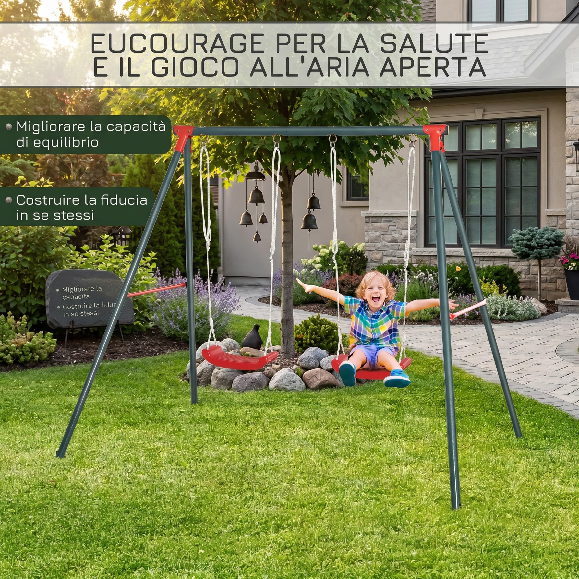 Outsunny Altalena Doppia per Bambini 3+ Anni con Struttura in Metallo, Corda Regolabile, Altalena da Giardino Gioco Esterno, Max 45 kg, 239x156x180 cm, Verde e Rosso