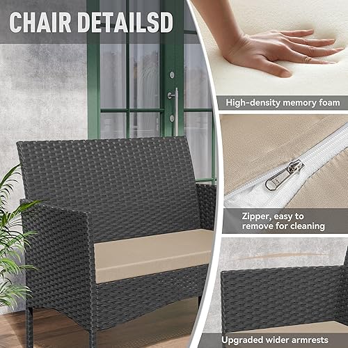 Miniatura 3 de Kurapika juego de muebles de patio 4 piezas de mimbre al aire libre, sillas de ratán, juego informal con mesa de café, juego de bistró con mecedora,