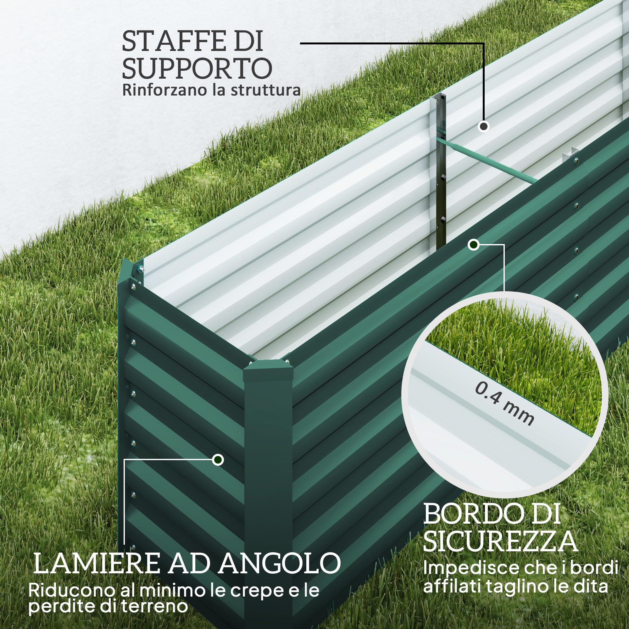 Outsunny Letto per Orto Rialzato da Esterno 394L, Fioriera da Balcone in Acciaio Galvanizzato con Fondo Aperto, per Piante, Fiori e Verdure, 240x40x45cm, Verde