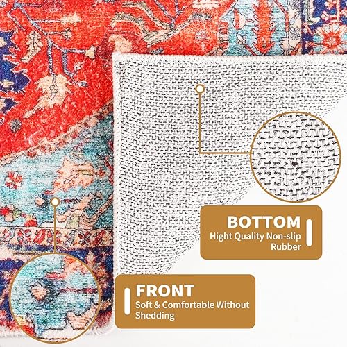 Miniatura 4 de ErwAad Alfombra de pasillo de 2 x 6 pies, color rojo y azul, diseño desgastado de medallón bohemio, no desprende pelo y es suave, lavable, ideal