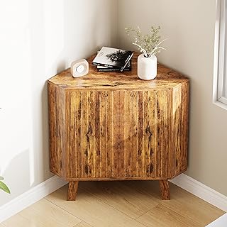 Garvee Farmhouse Corner Storage Cabinet with Adjustable Shelf, 3-Tier Industrial Wooden Corner Table with Doors, Triangle End Table for Living Room, Kitchen(31.5''x 15.7''x 30.7''), Brown