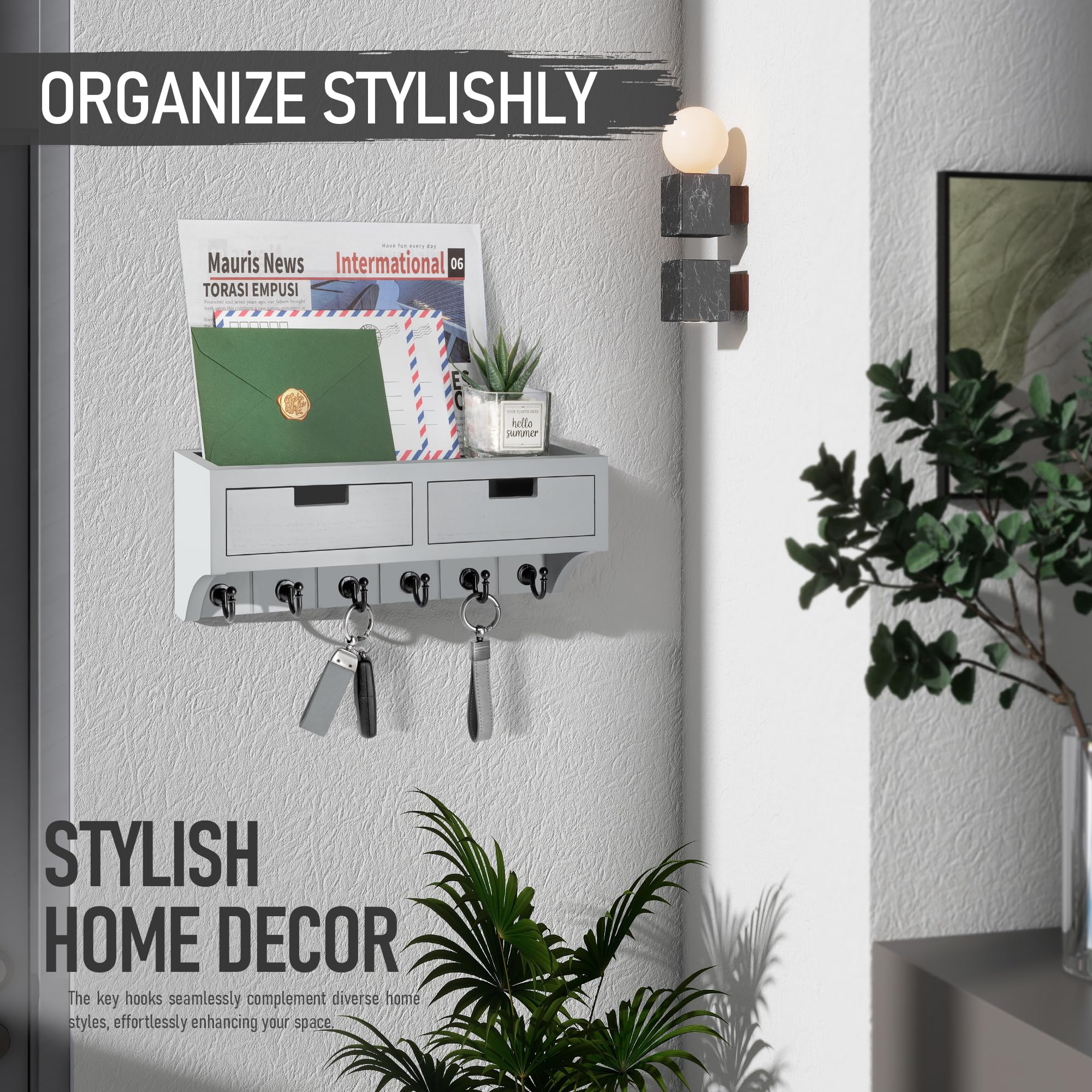 Rebee Vision Key Holder Wall Mount with 2 Drawer Organizer : Mail Organizer for Wall with 6 Key Hooks & Shelf - Stylish Apartment Essentials for Aesthetic Room Decor (Light Gray)