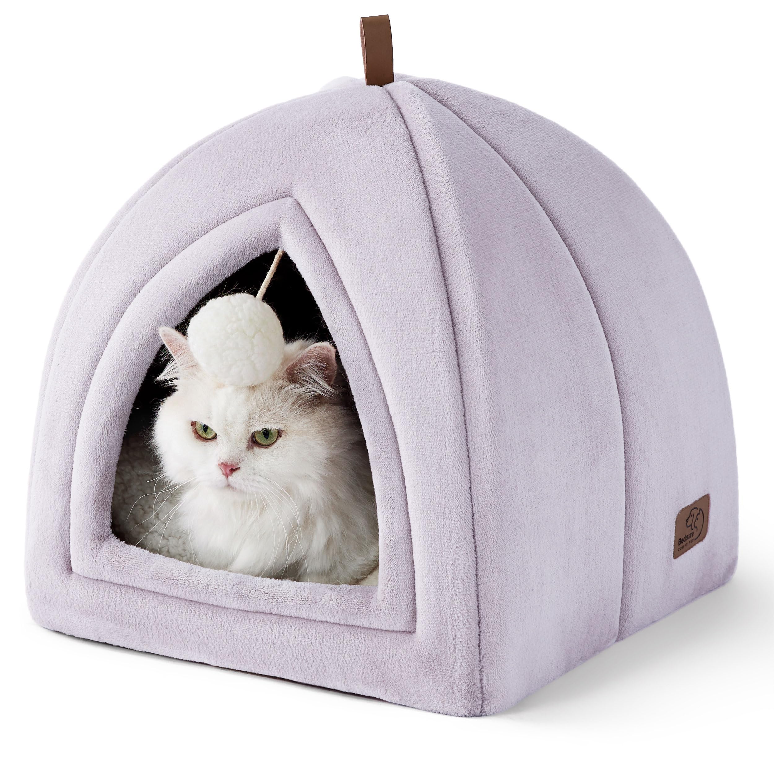 Bedsure Cat Beds for Indoor - 2 in 1 Cat Cave House Tent for Kittens and Small Pets with Removable Washable Cushioned Pillow, Foldable Kitten Hideaway with Non-Slip Bottom, Purple, 16 inches